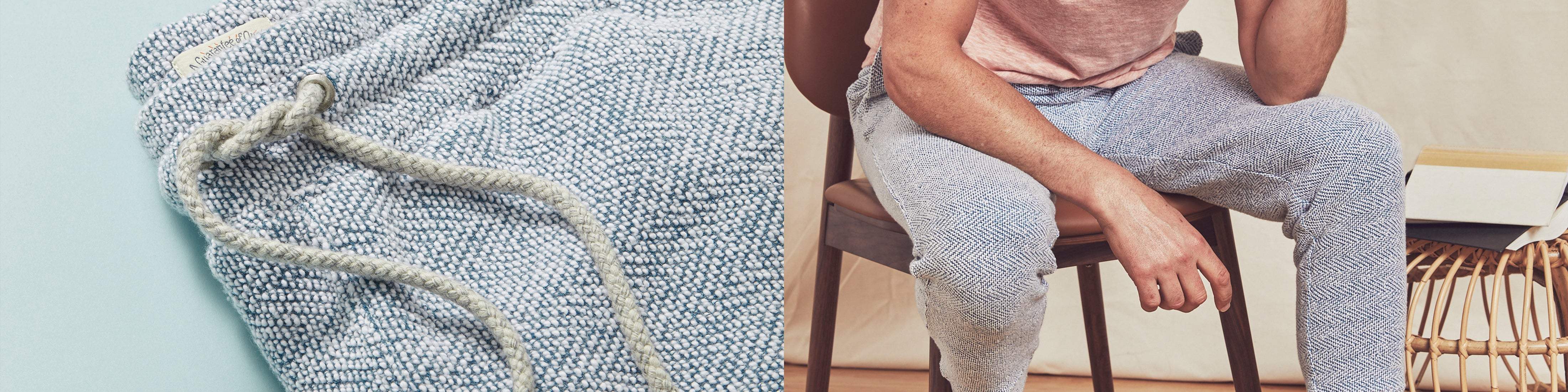 Man in chair wearing sweatpants and a detail close up image of the Whiteewater sweatpants.