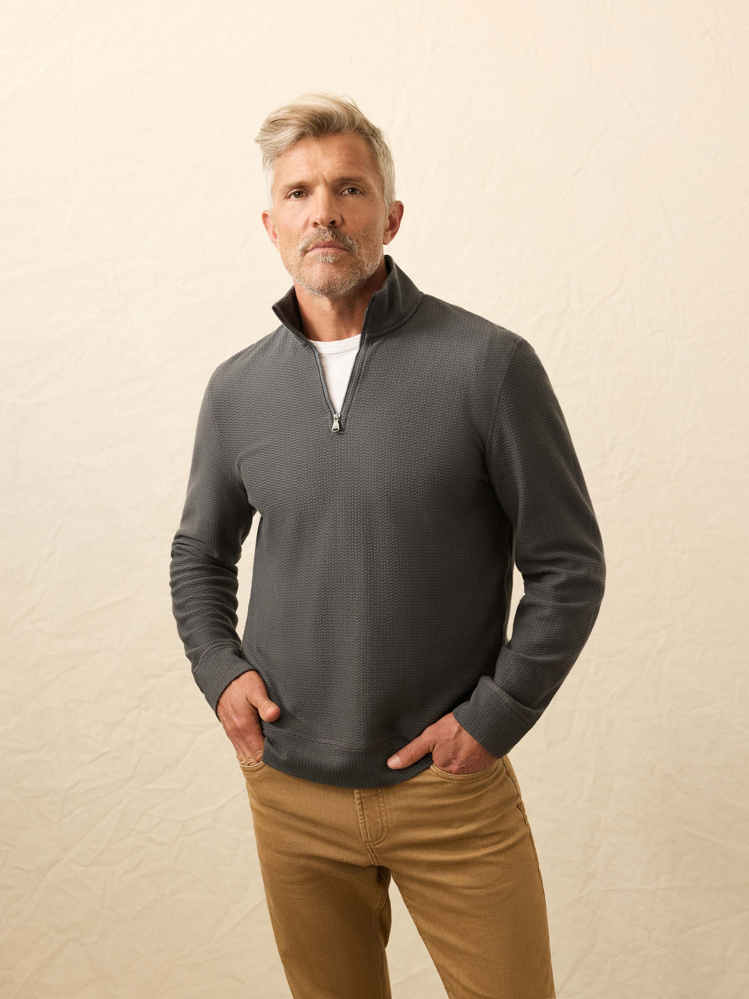 Textured Knit Quarter Zip - Mountain Coal