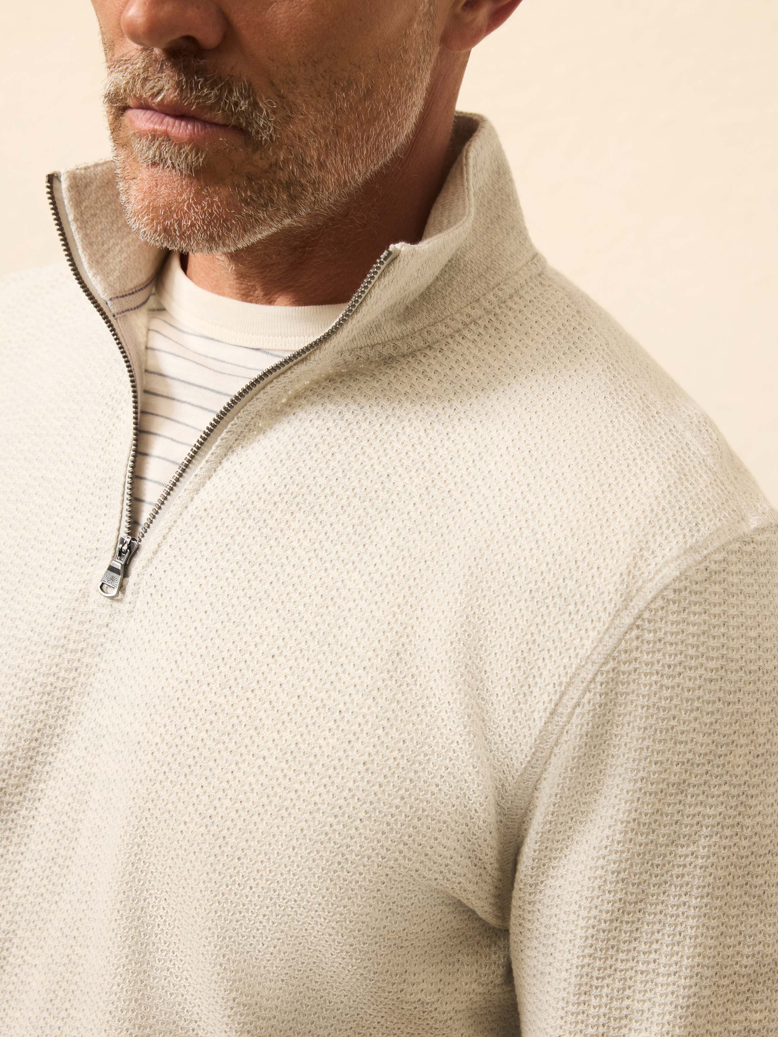 Textured Knit Quarter Zip - Snow Grey Heather
