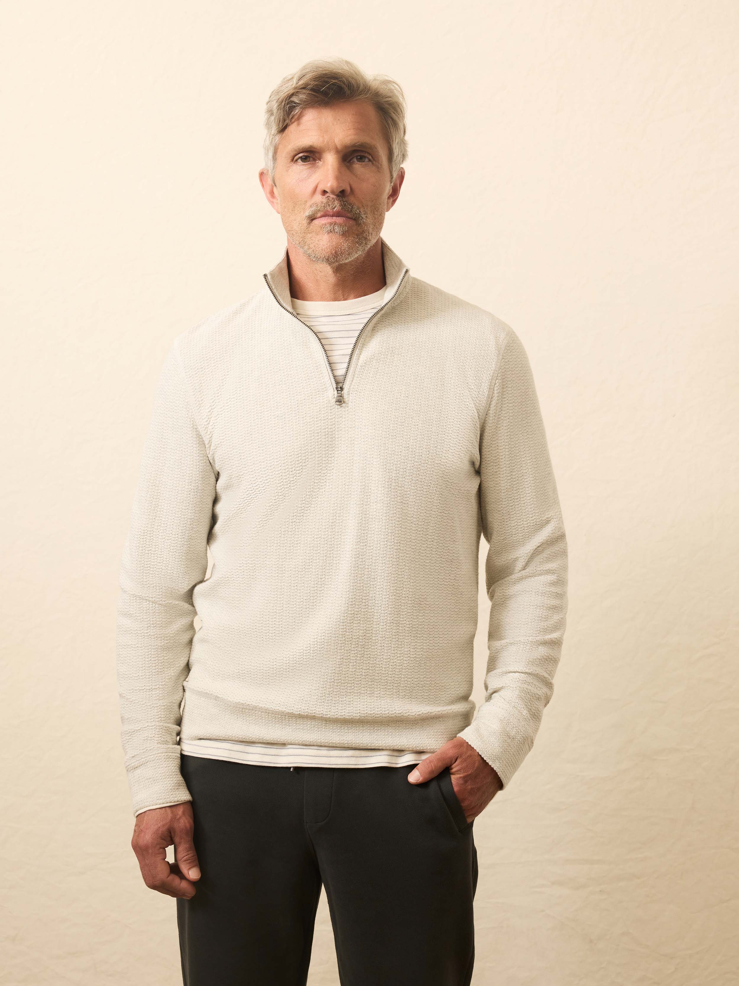 Textured Knit Quarter Zip - Snow Grey Heather