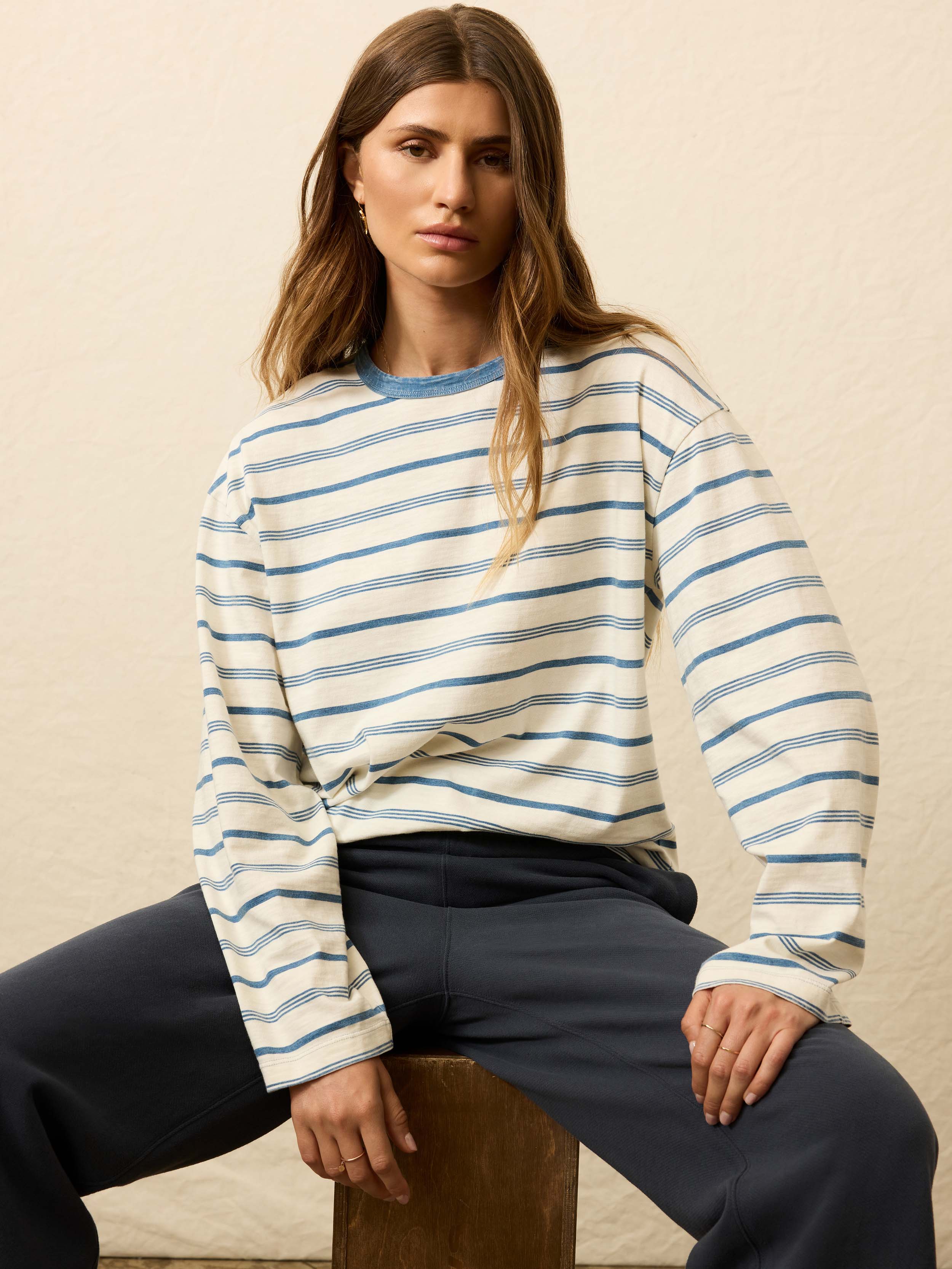 Sunwashed Long-Sleeve Retro Tee - Indigo Tidelines