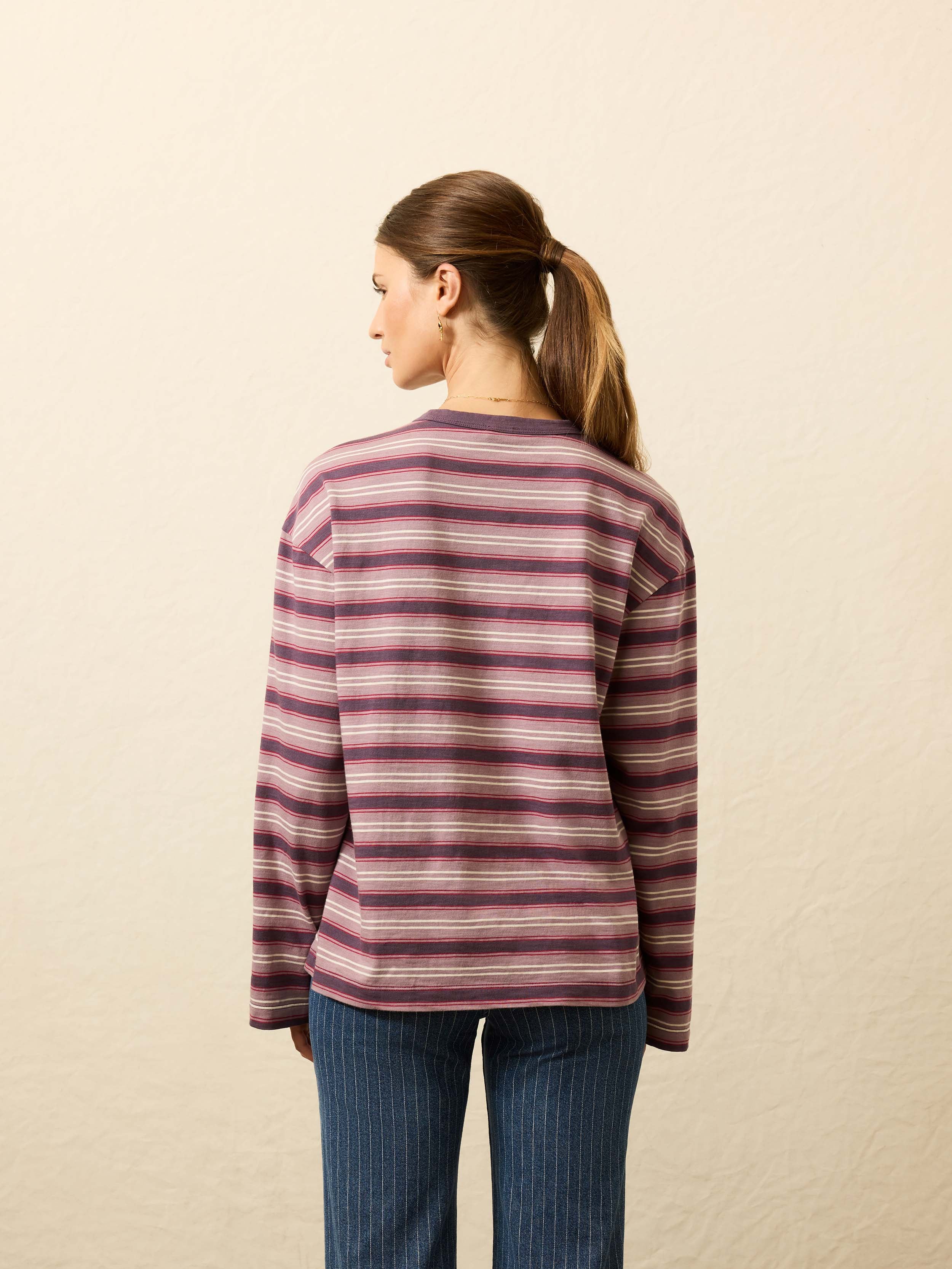 Sunwashed Long-Sleeve Retro Tee - Plum Berry Stripe