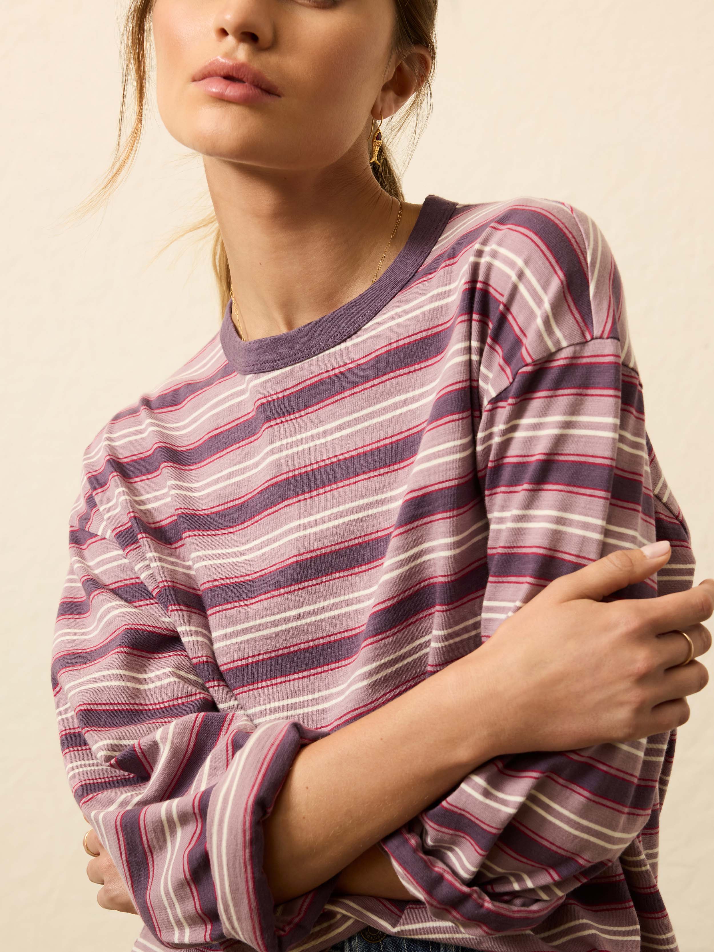 Sunwashed Long-Sleeve Retro Tee - Plum Berry Stripe