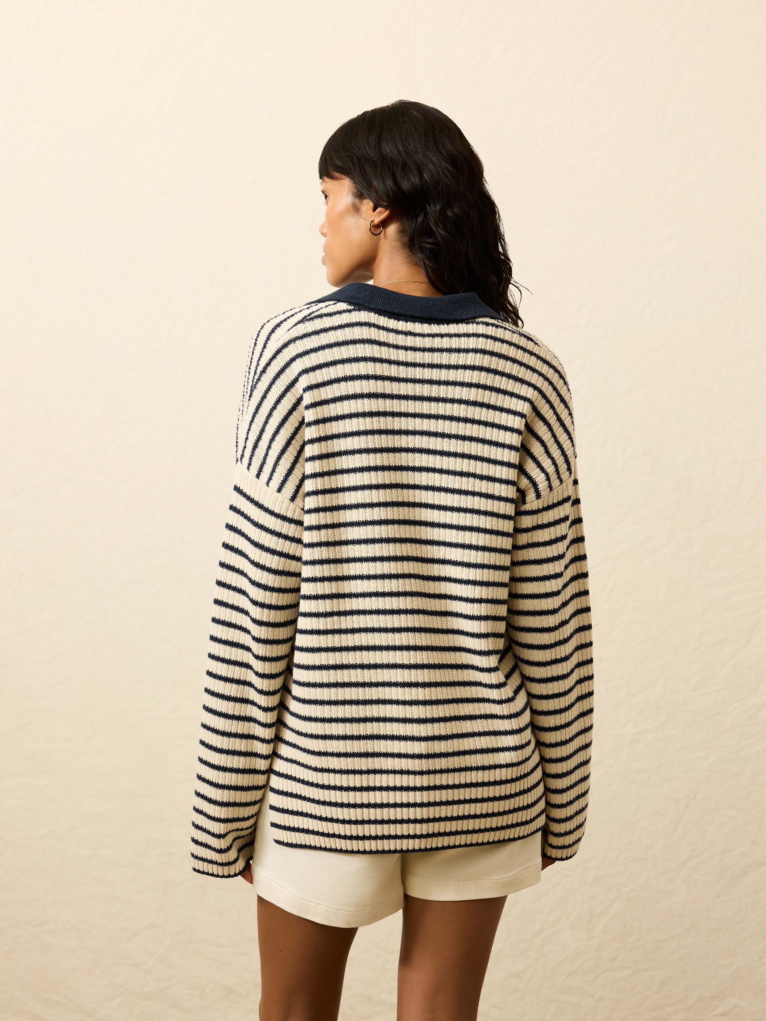 Miramar Linen Relaxed Polo - True Navy Stripe