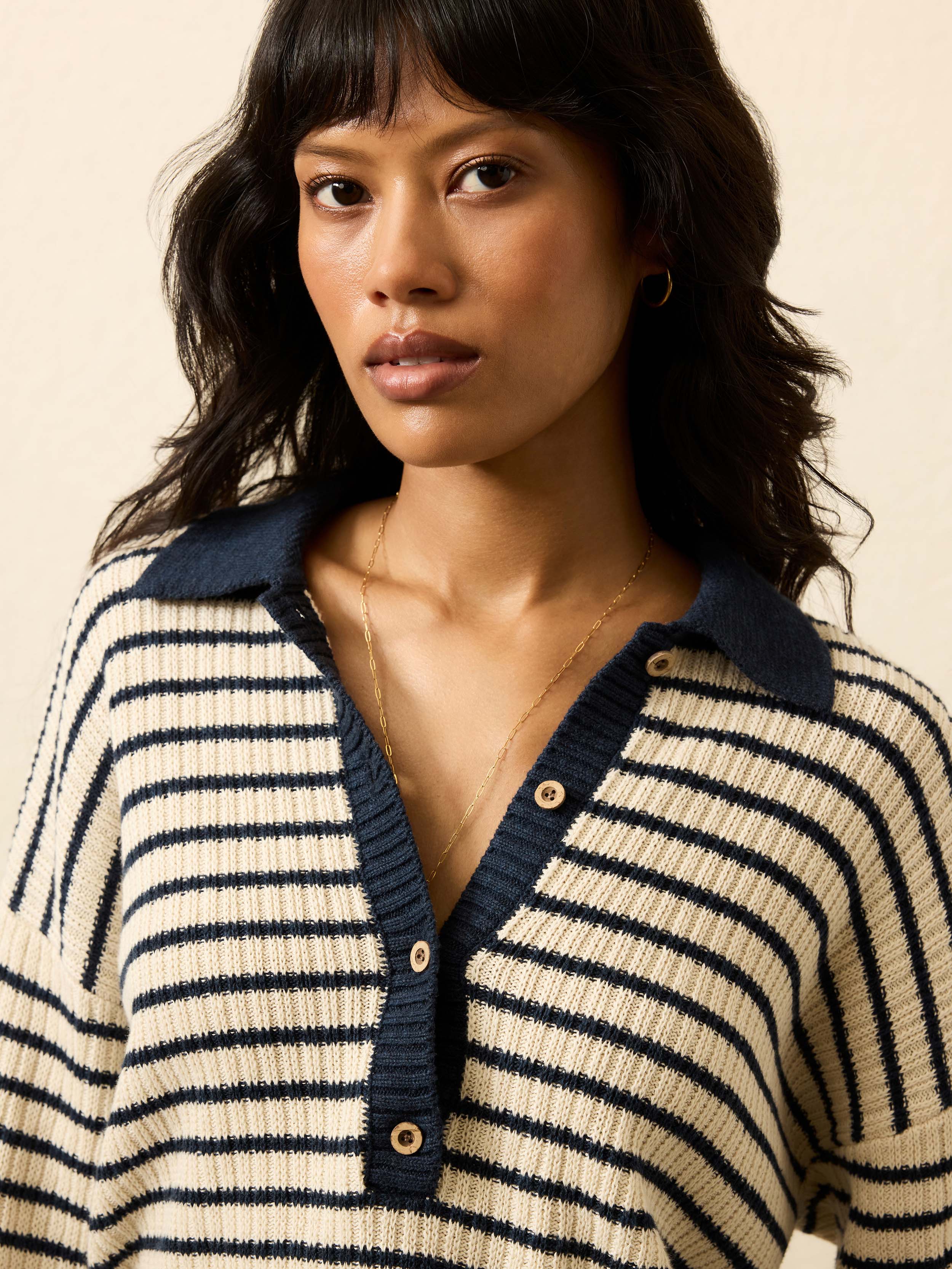 Miramar Linen Relaxed Polo - True Navy Stripe