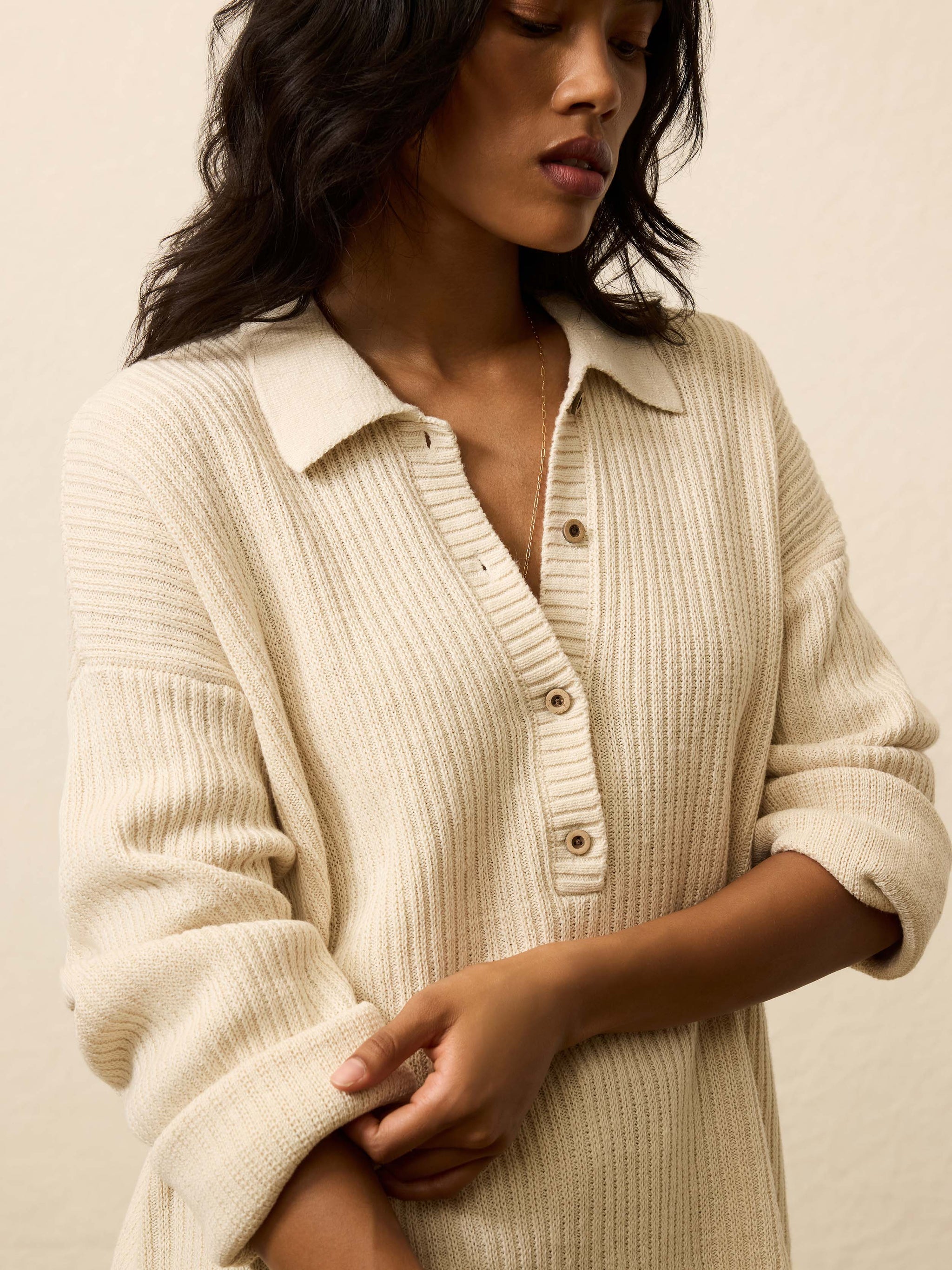 Miramar Linen Relaxed Polo Sweater - Summer Sand