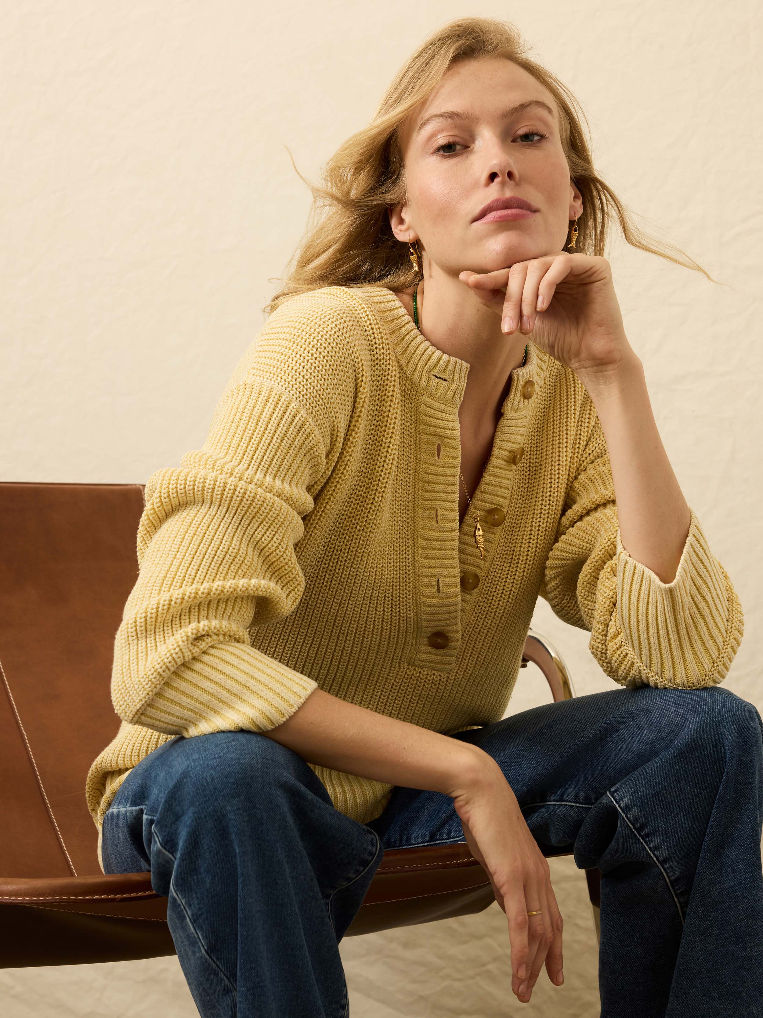 Sunwashed Cotton Fisherman Henley - Lemon Sorbet