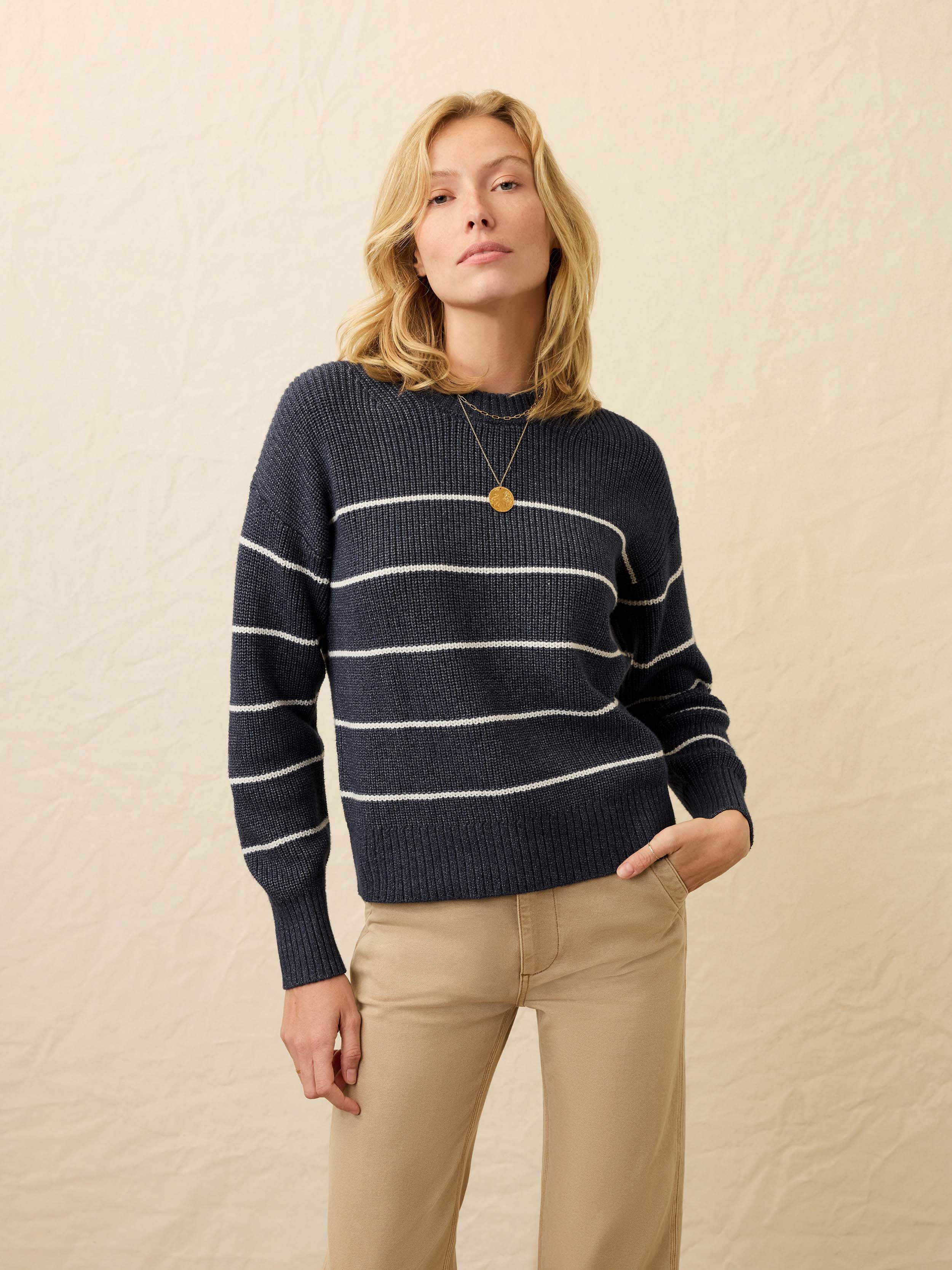 Sunwashed Cotton Fisherman Sweater - Water Mill Stripe