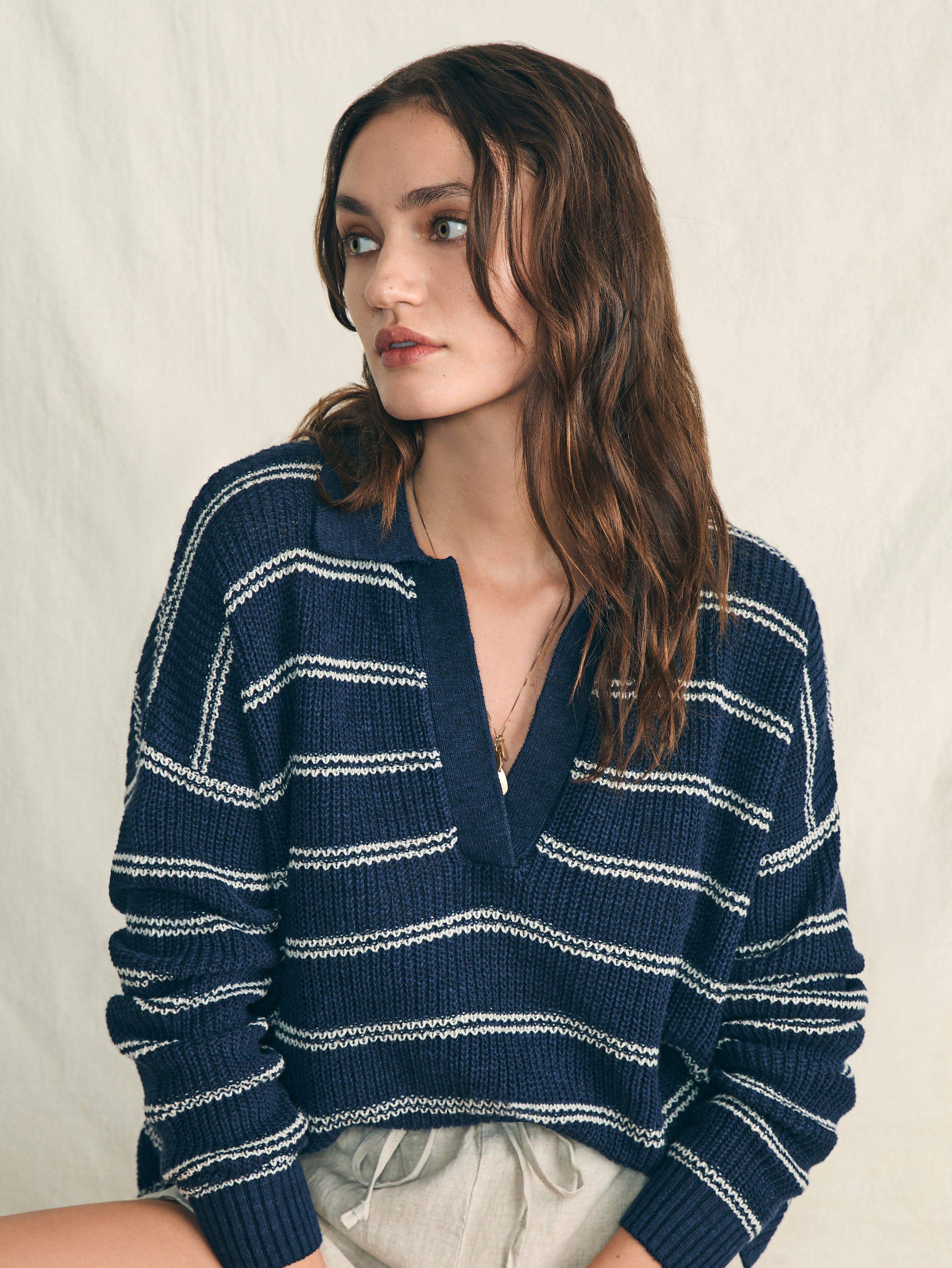 Miramar Linen Polo Sweater - Navy Mystic Stripe