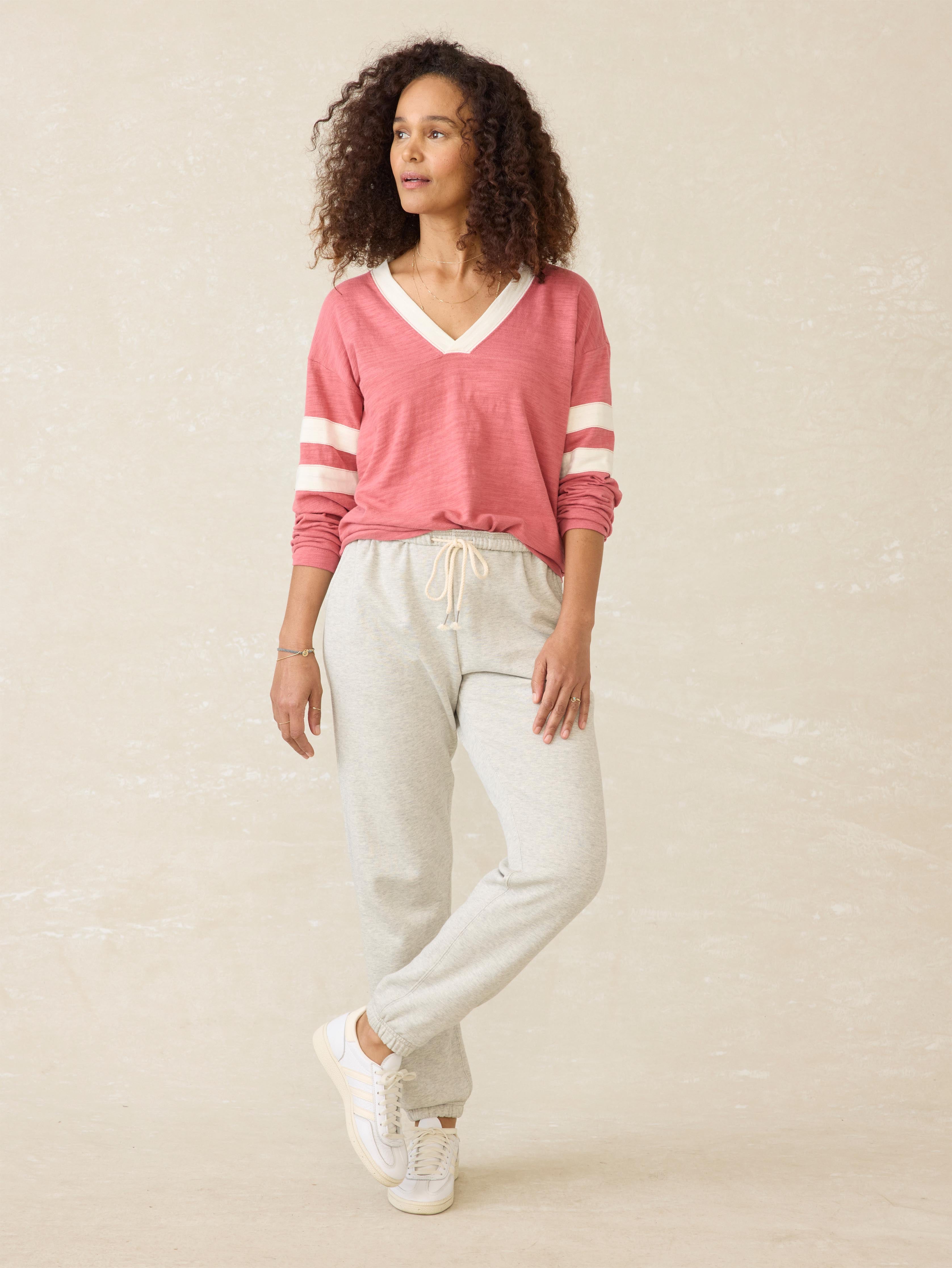 Organic Cotton Sunwashed Slub Varsity V-Neck - Baroque Rose