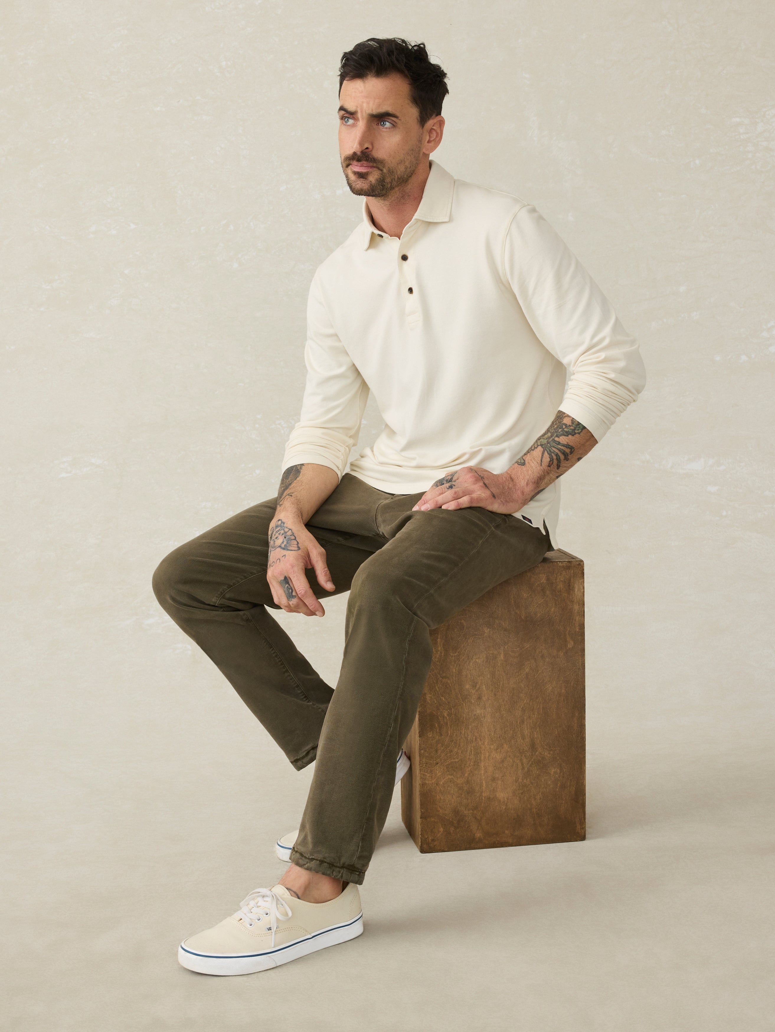 Long-Sleeve Field Knit Polo - Coastal Cream
