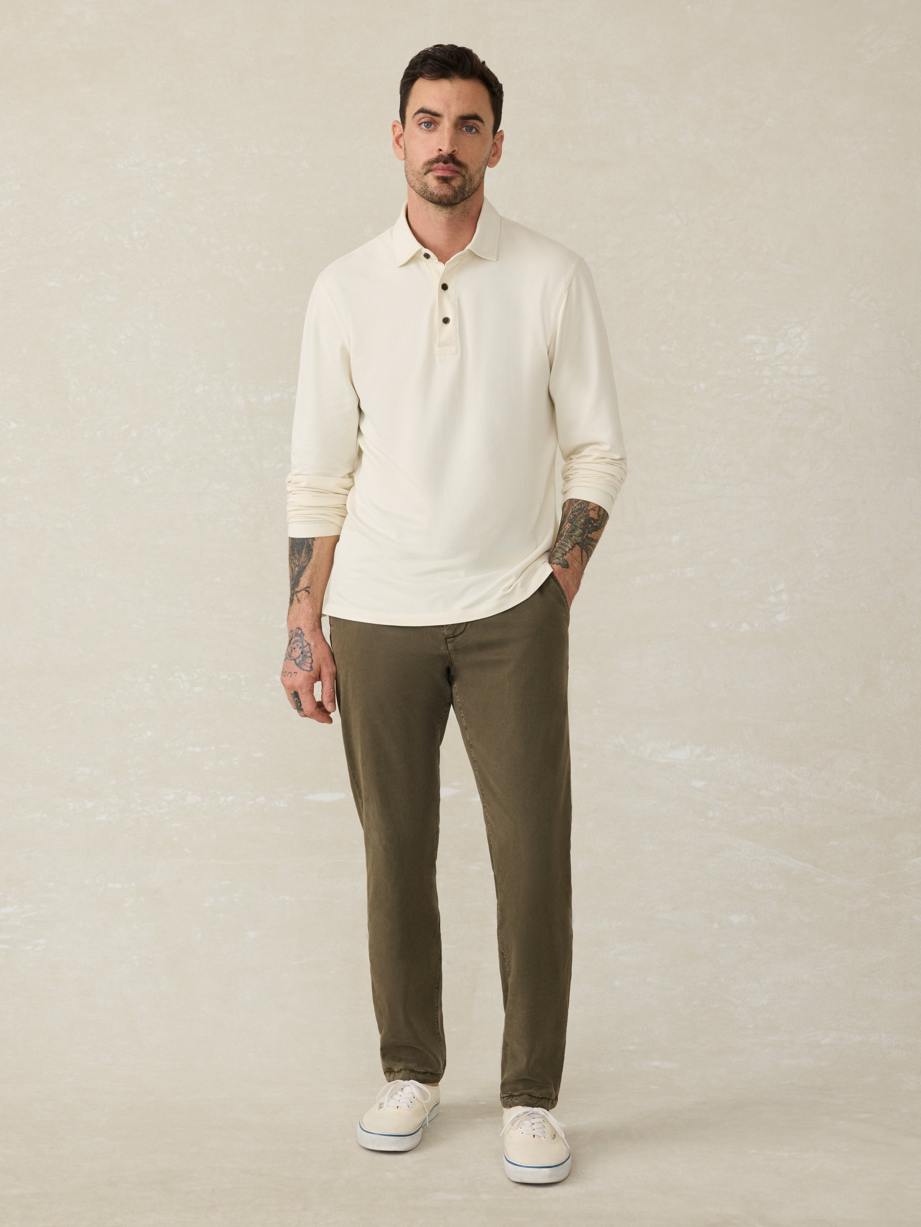 Long-Sleeve Field Knit Polo - Coastal Cream