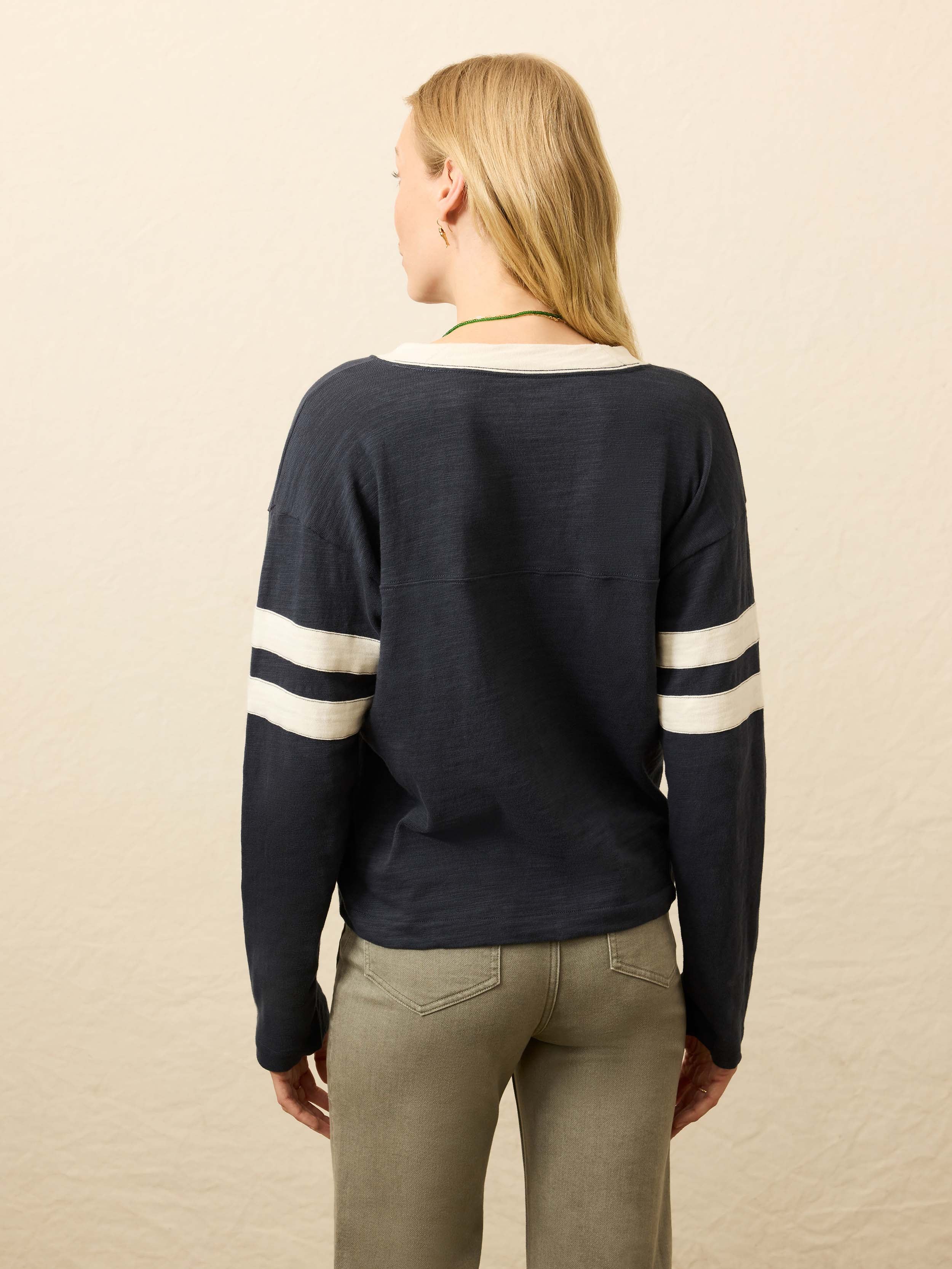 Organic Cotton Sunwashed Slub Varsity V-Neck - Blue Nights