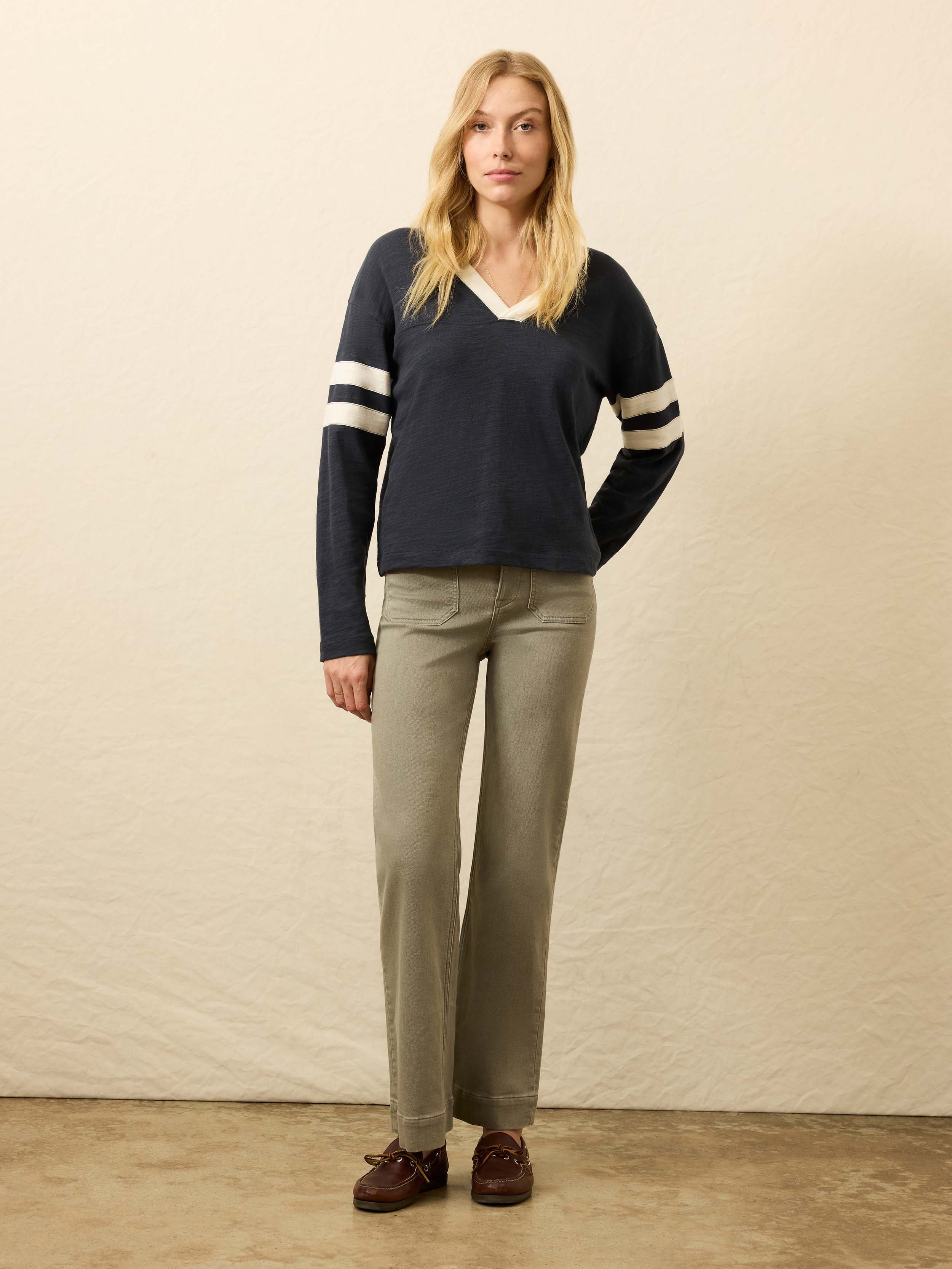 Organic Cotton Sunwashed Slub Varsity V-Neck - Blue Nights