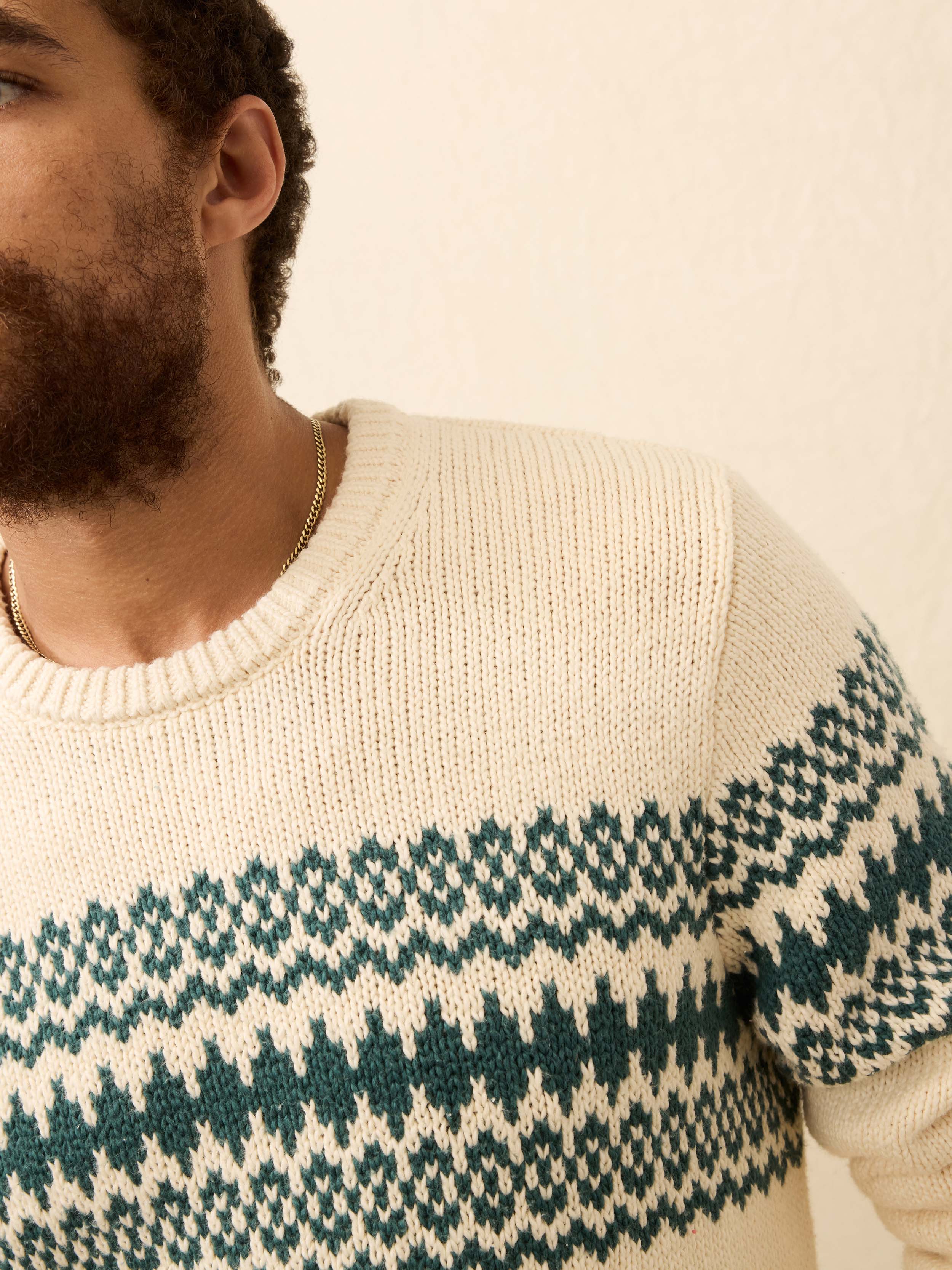 Heirloom Cotton Crewneck Sweater - Cream Forest Fairisle