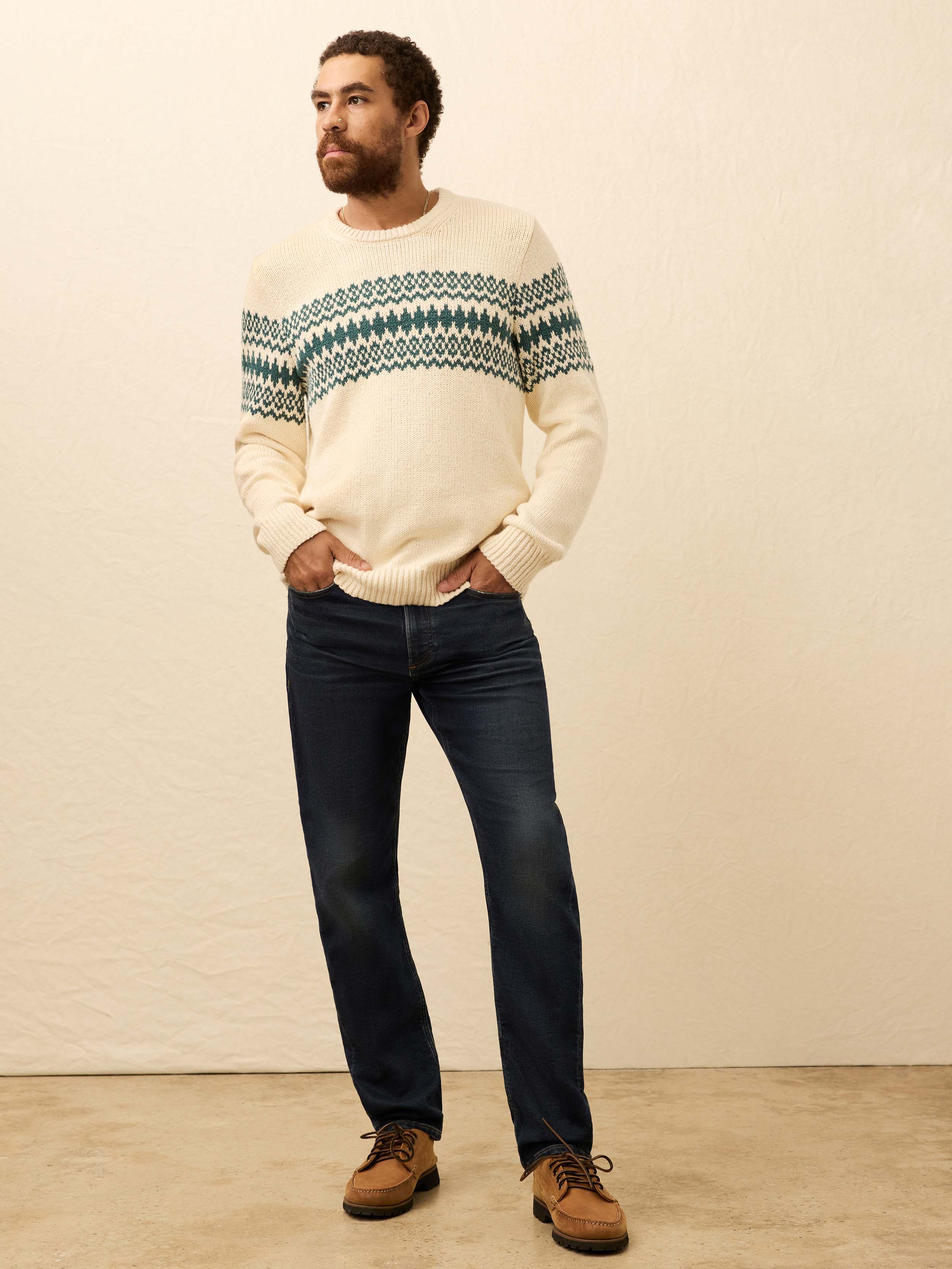 Heirloom Cotton Crewneck Sweater - Cream Forest Fairisle