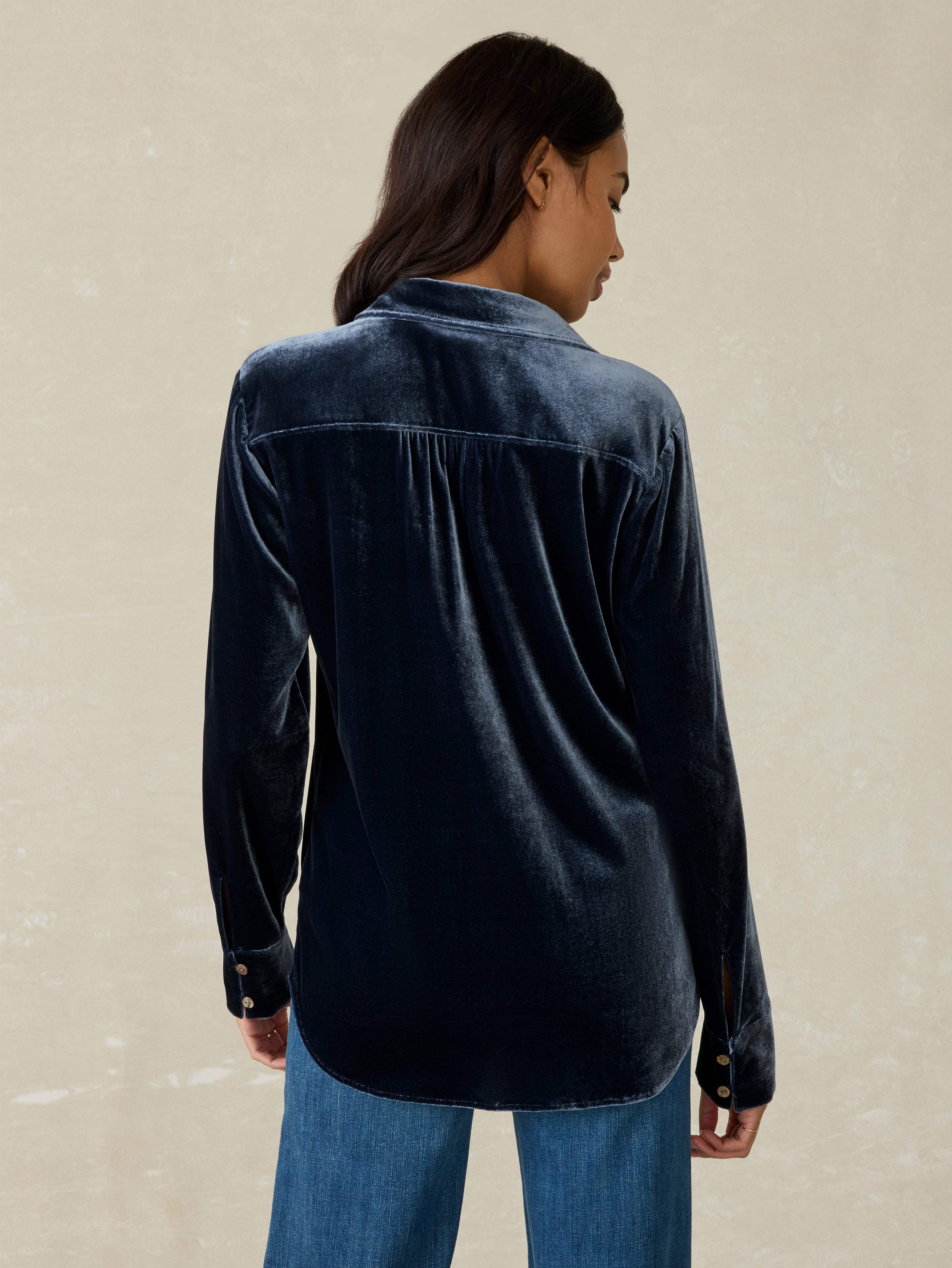 Stretch Silk Velvet Genevieve Shirt - Navy