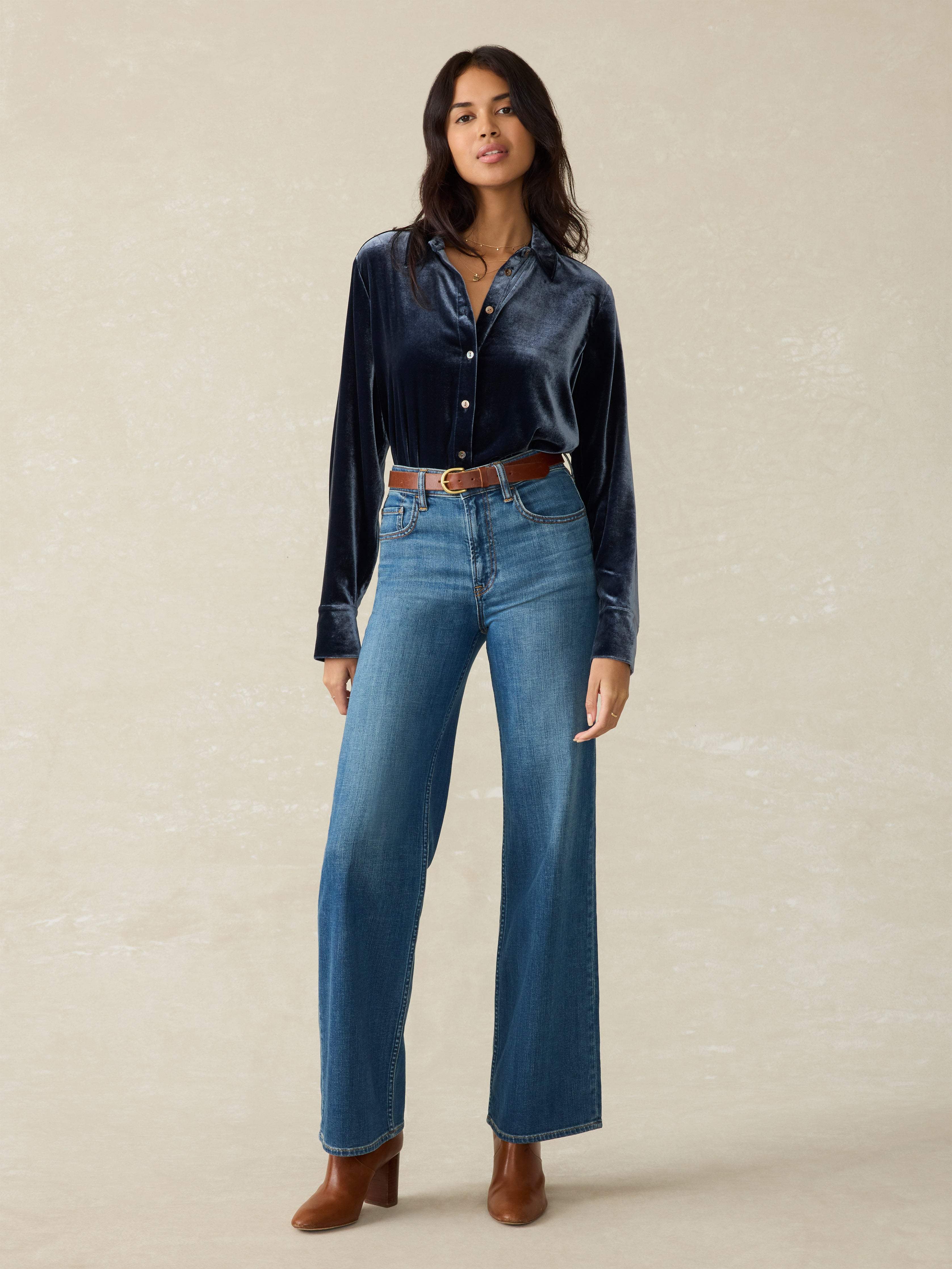Stretch Silk Velvet Genevieve Shirt - Navy