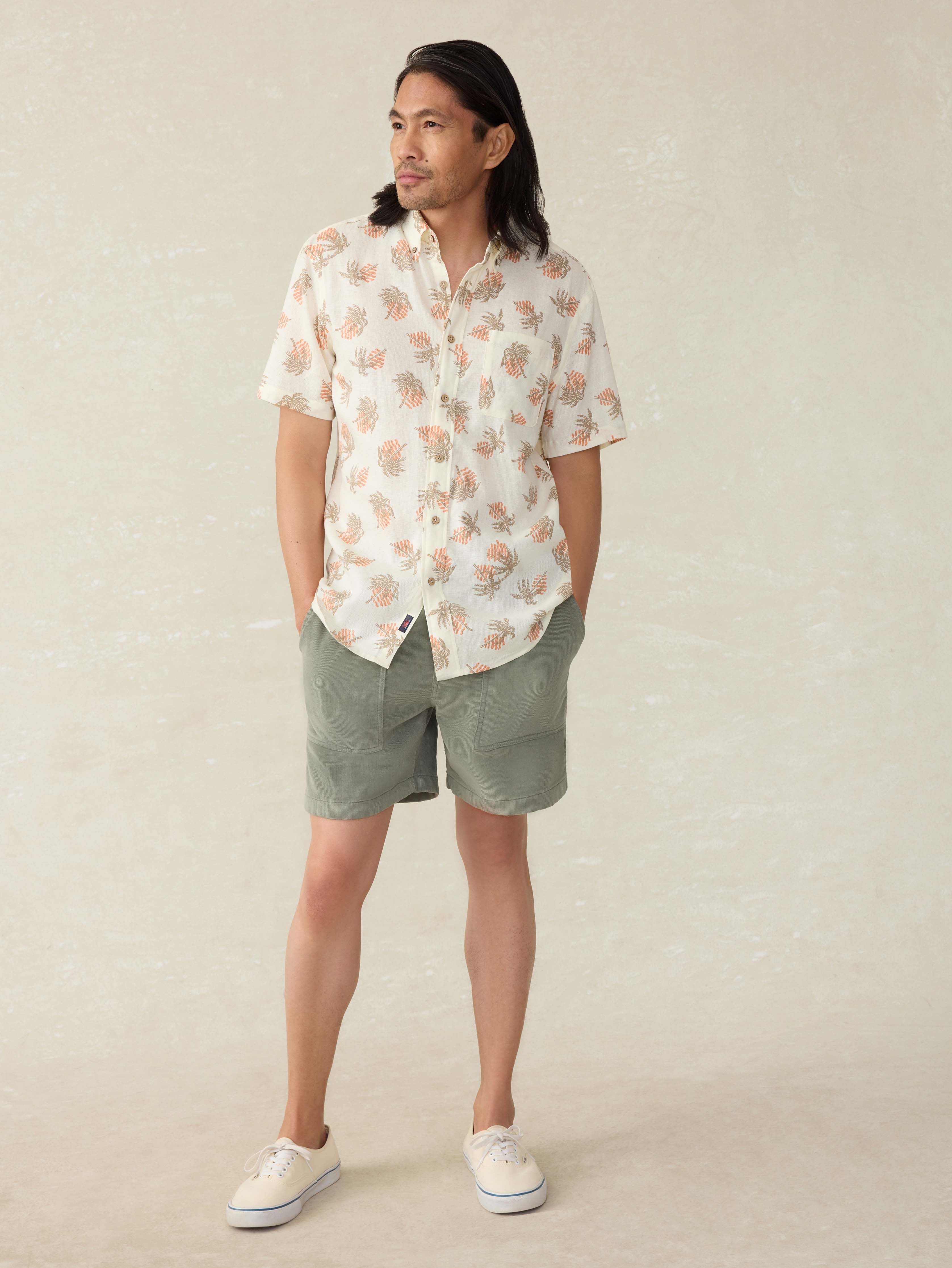 Short- Sleeve Breeze Shirt - Sunlit Palm & Waves