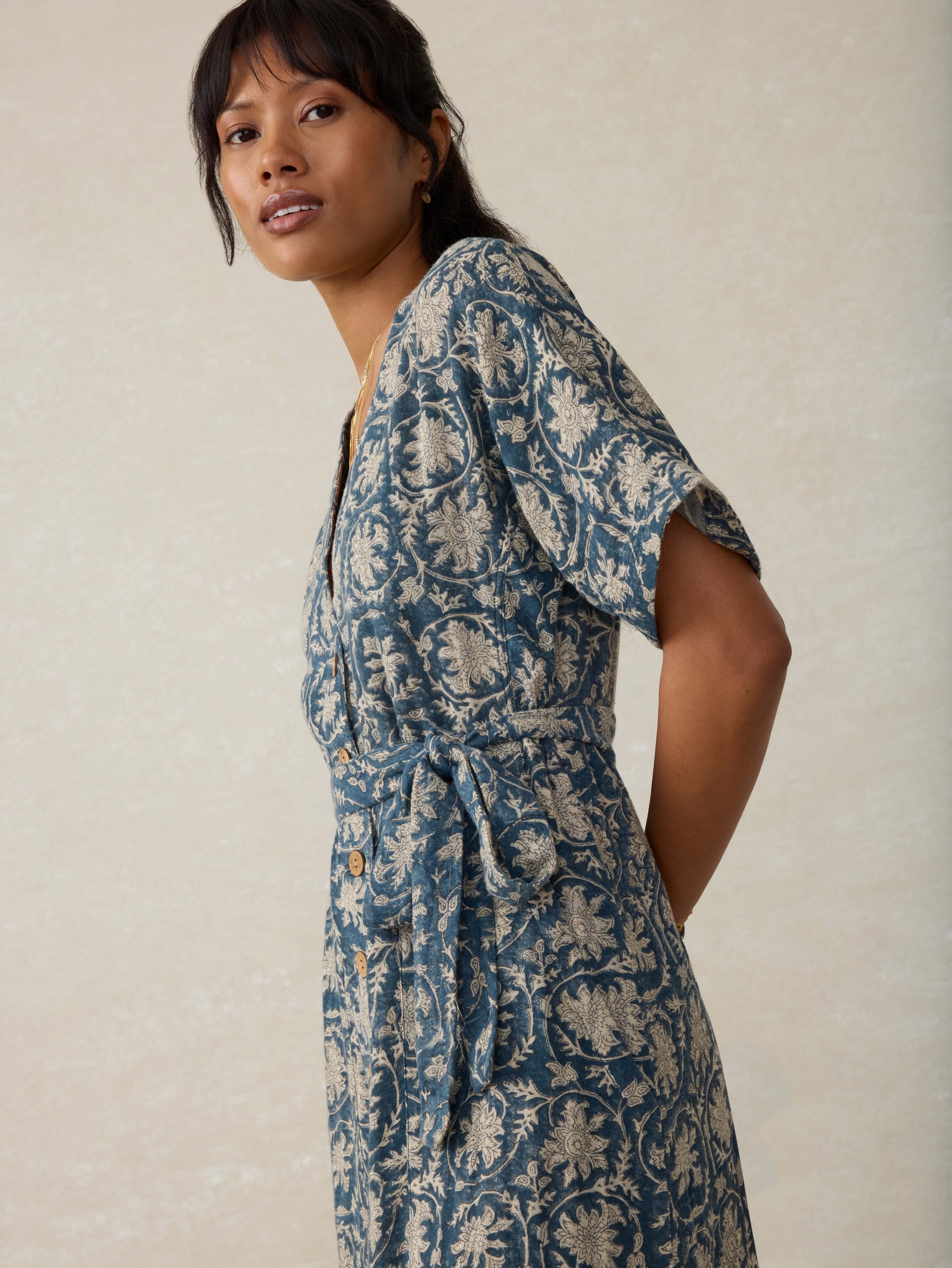 Dune Cotton Gauze Camille Midi Dress - Tranquil Tides Print