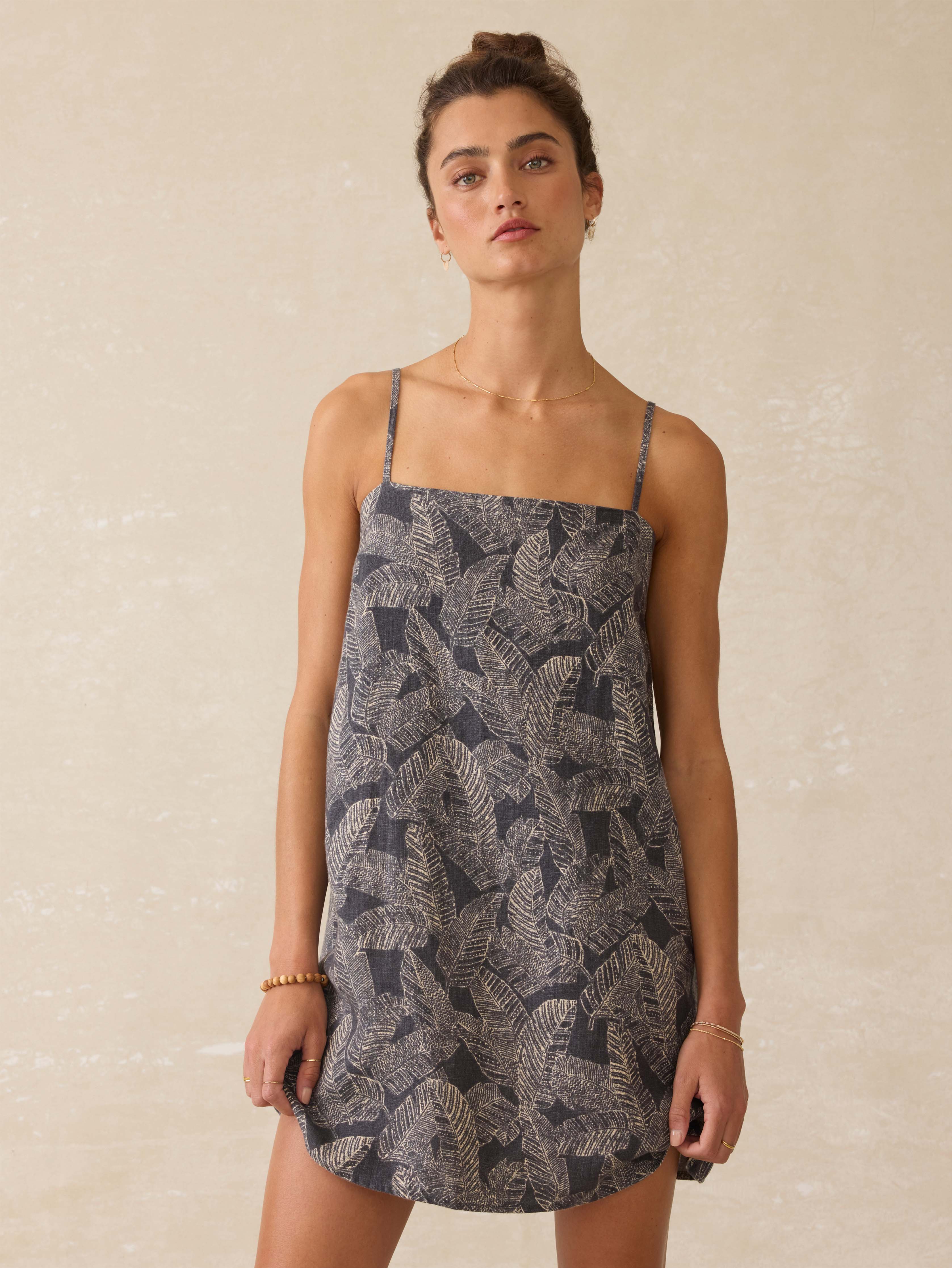 Byron Bay Linen Dress - Charcoal Banana Leaf