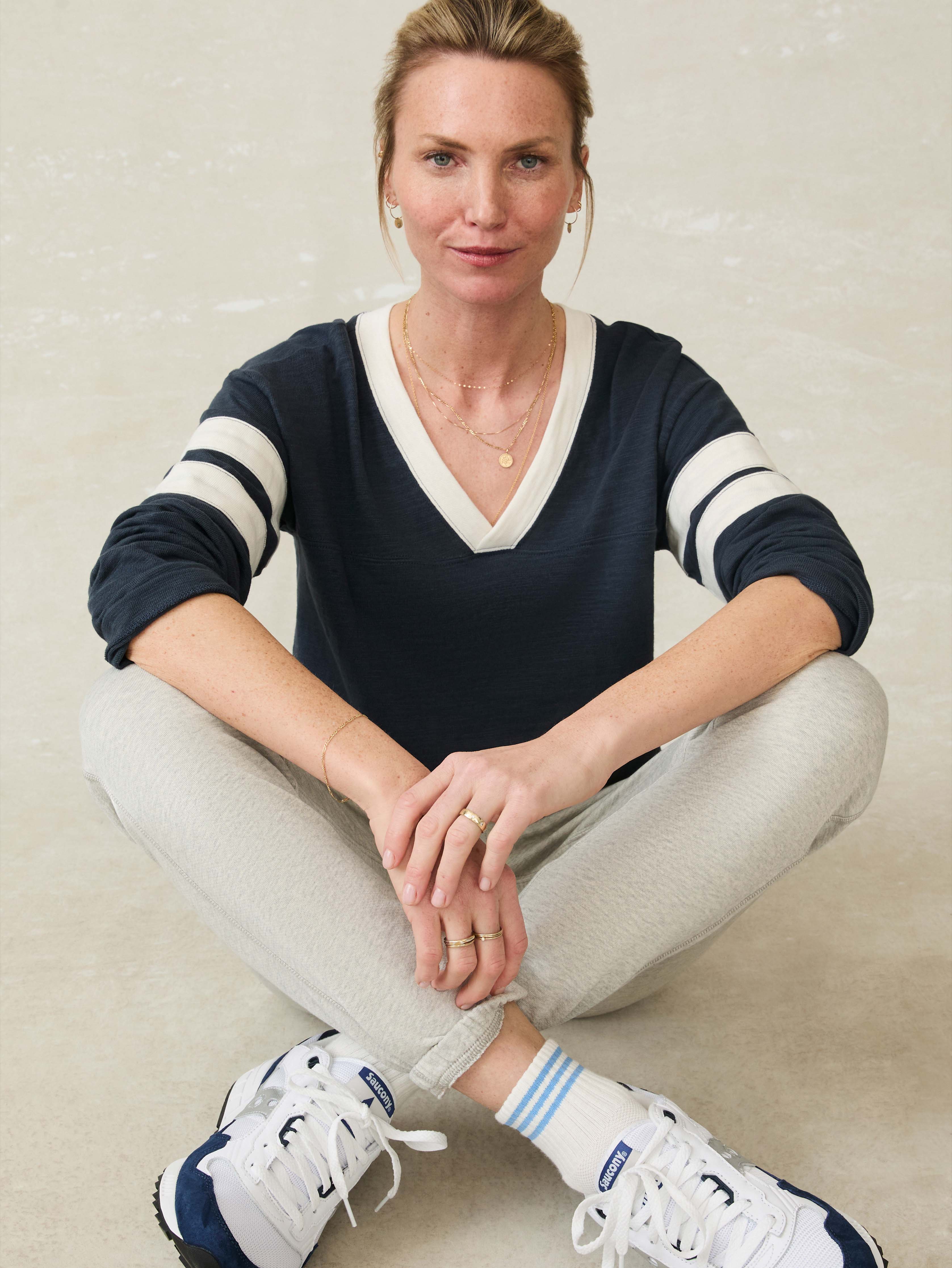 Organic Cotton Sunwashed Slub Varsity V-Neck - Blue Nights