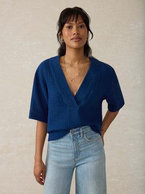 Dune Cotton Gauze Short Sleeve Popover - Dark Indigo Wash