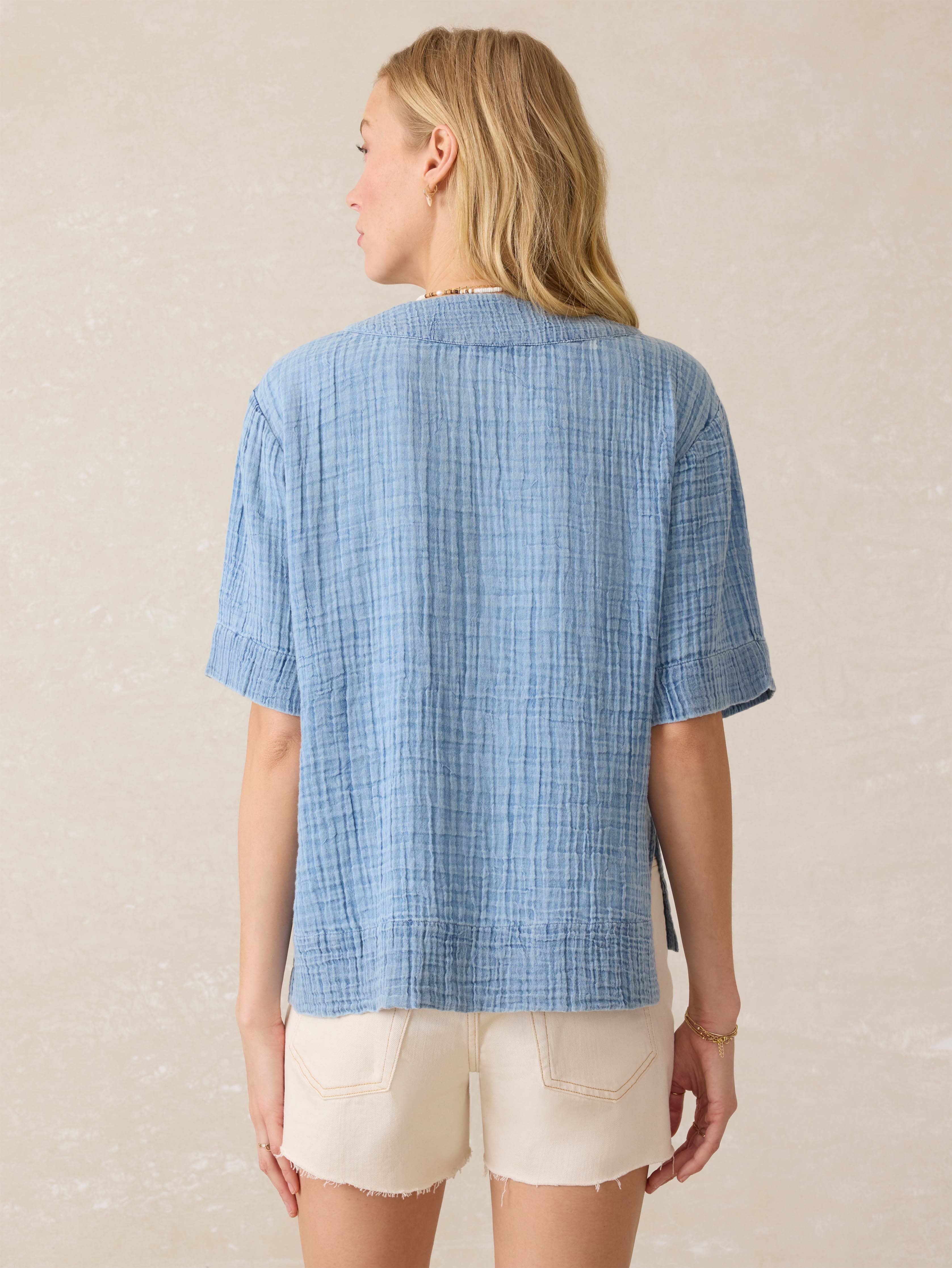 Dune Cotton Gauze Short Sleeve Popover - Light Indigo Wash