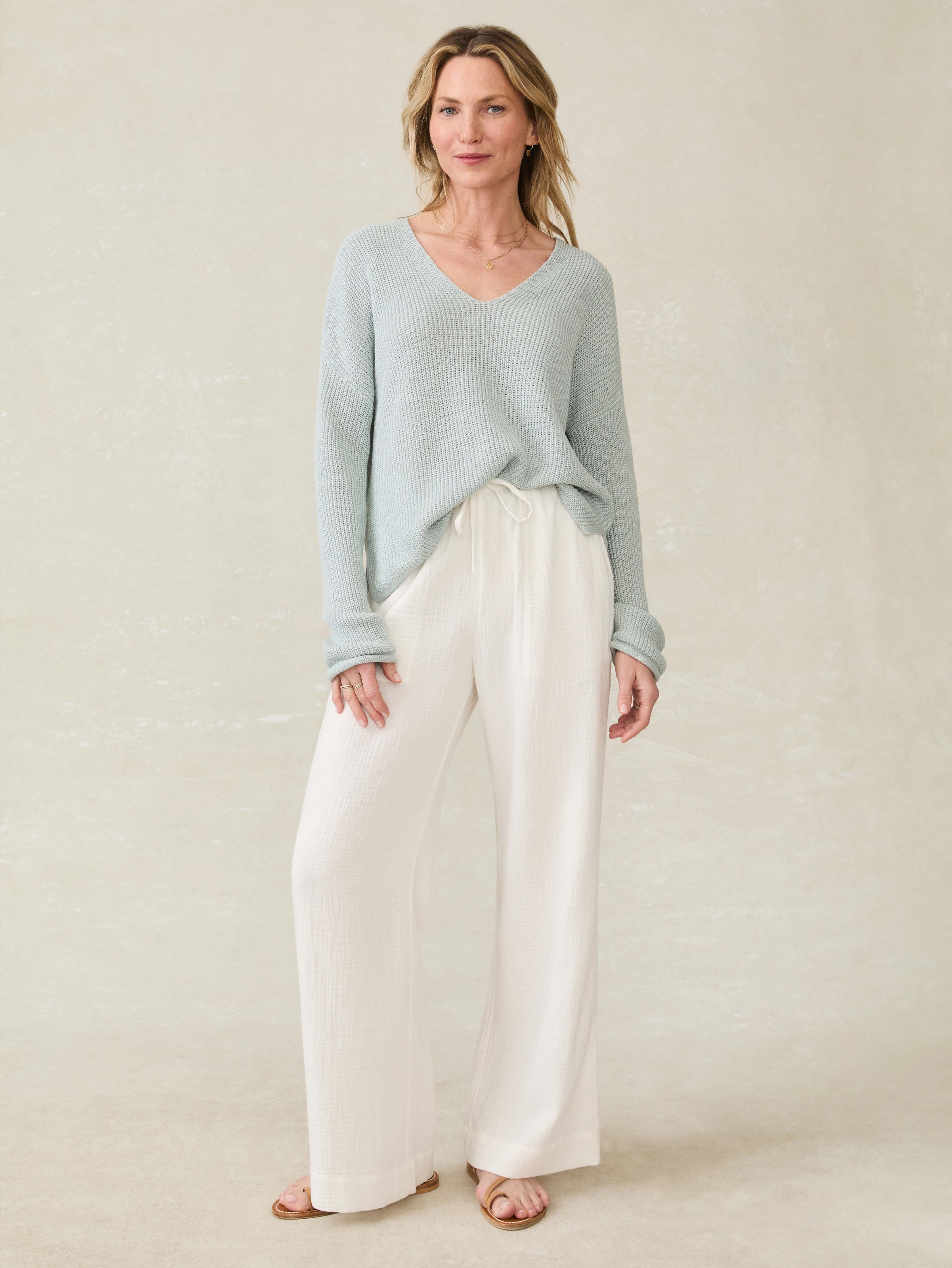 Miramar Linen V-Neck Sweater - Chalk Blue