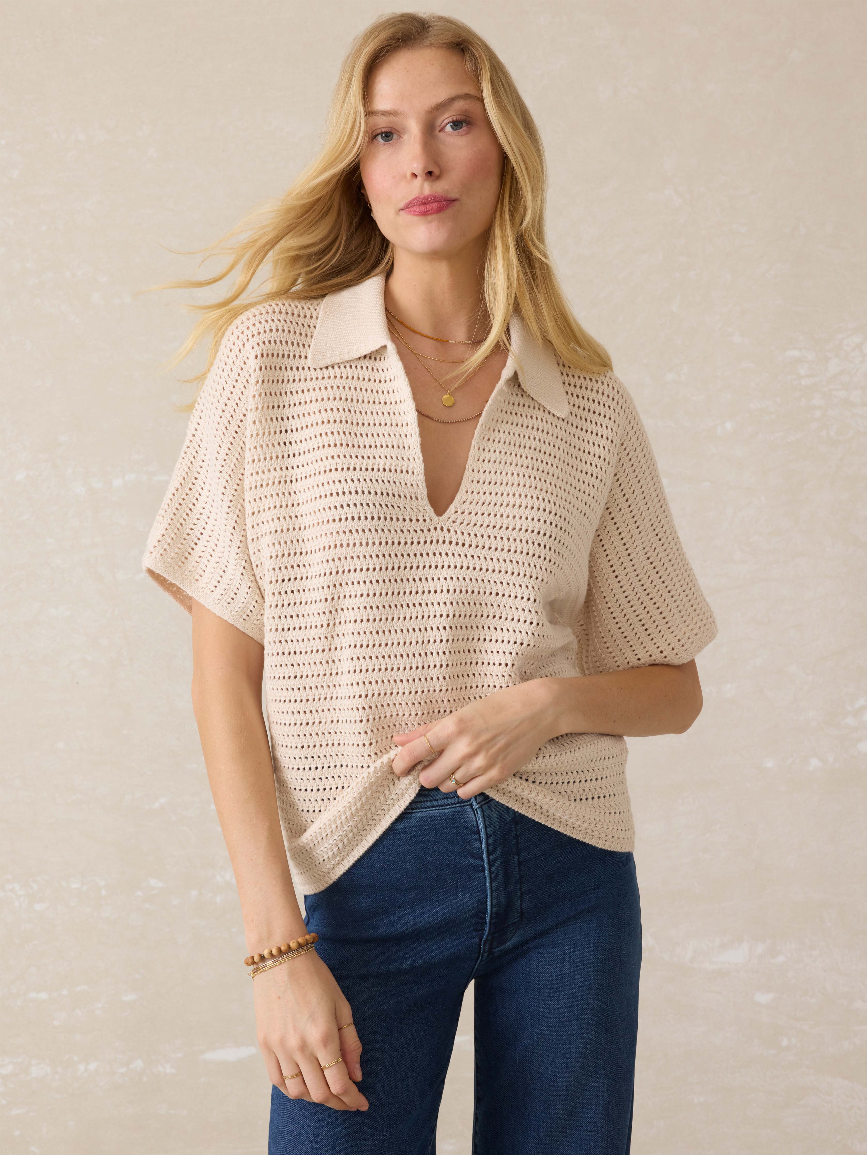 Seacoast Crochet Polo - Cream