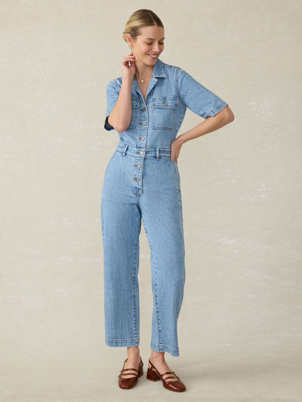 Denim Michelle Short-Sleeve Jumpsuit - Cloudlight Wash | Faherty Brand