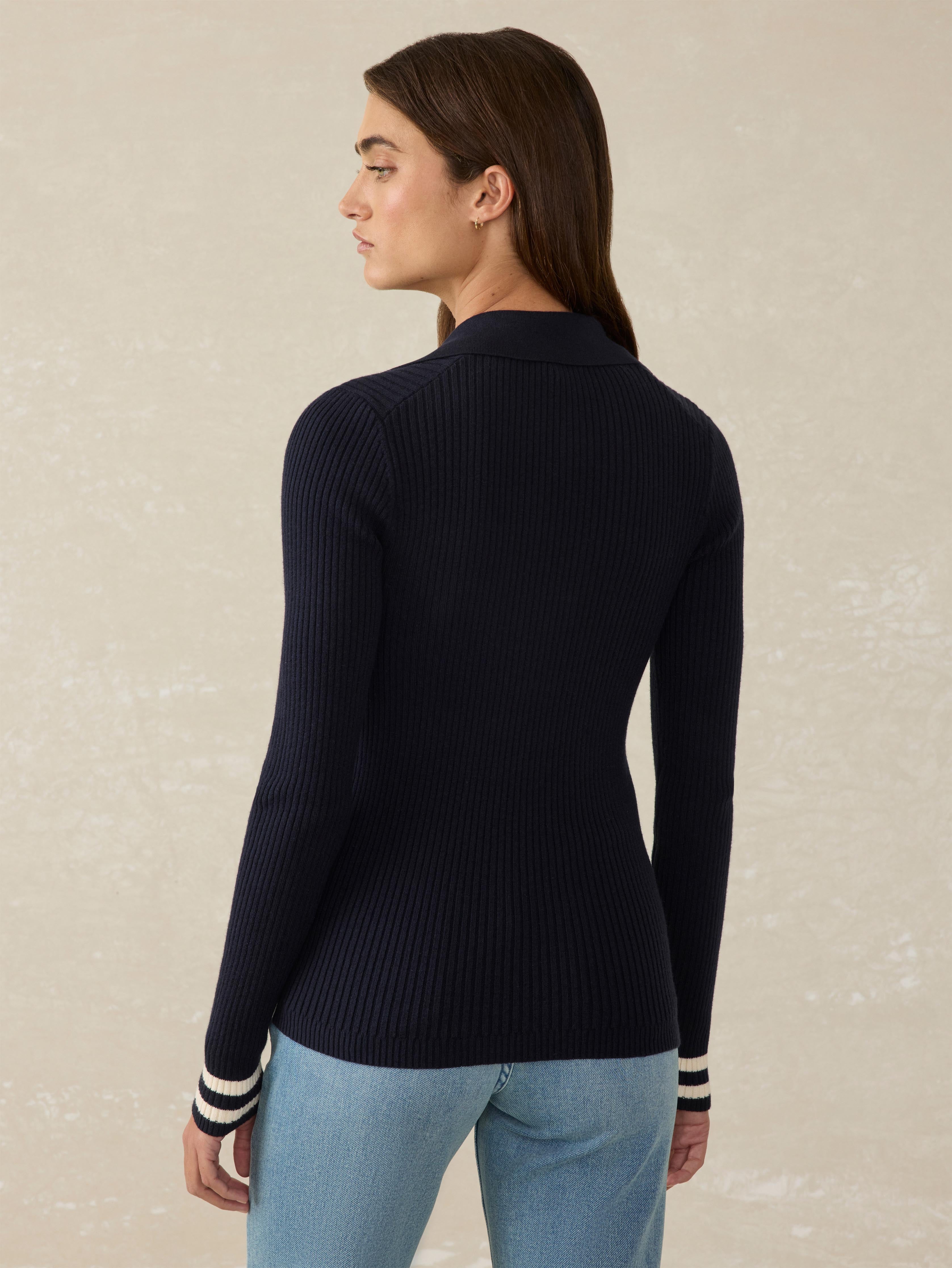 Stretch Cotton Cashmere Rib Polo - Navy Retro Stripe