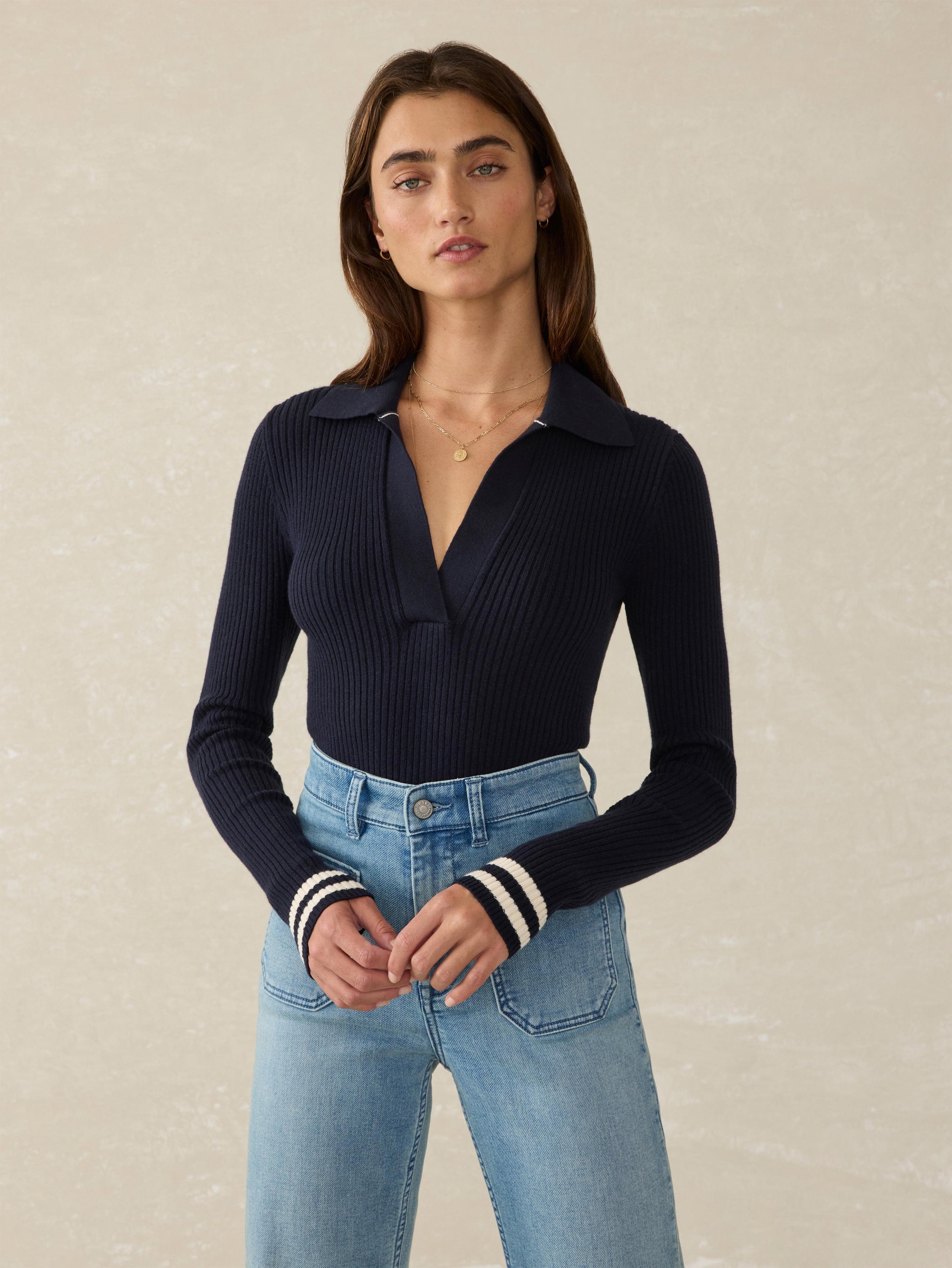Stretch Cotton Cashmere Rib Polo - Navy Retro Stripe