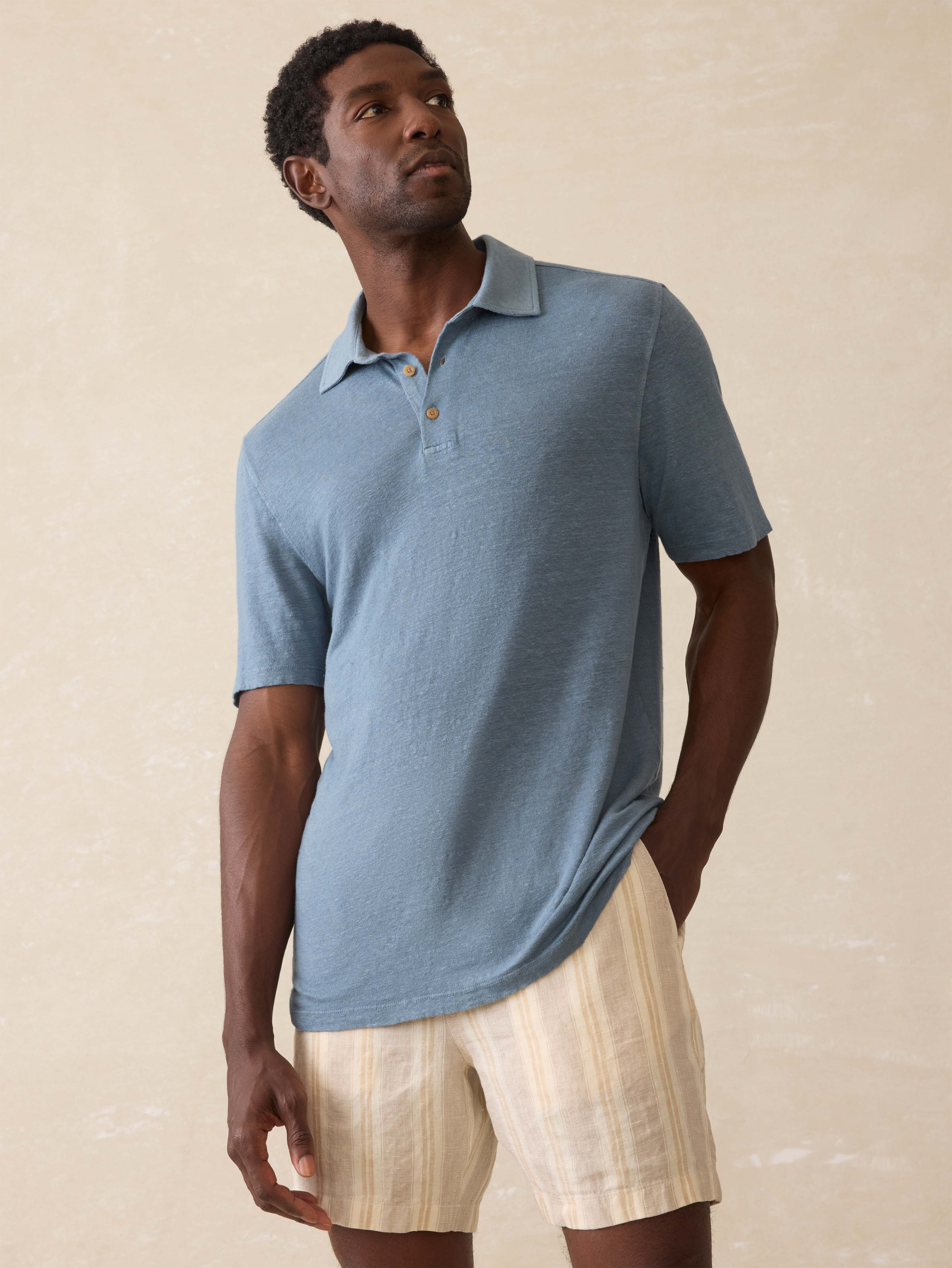 Short-Sleeve Linen Polo - Deep Marine