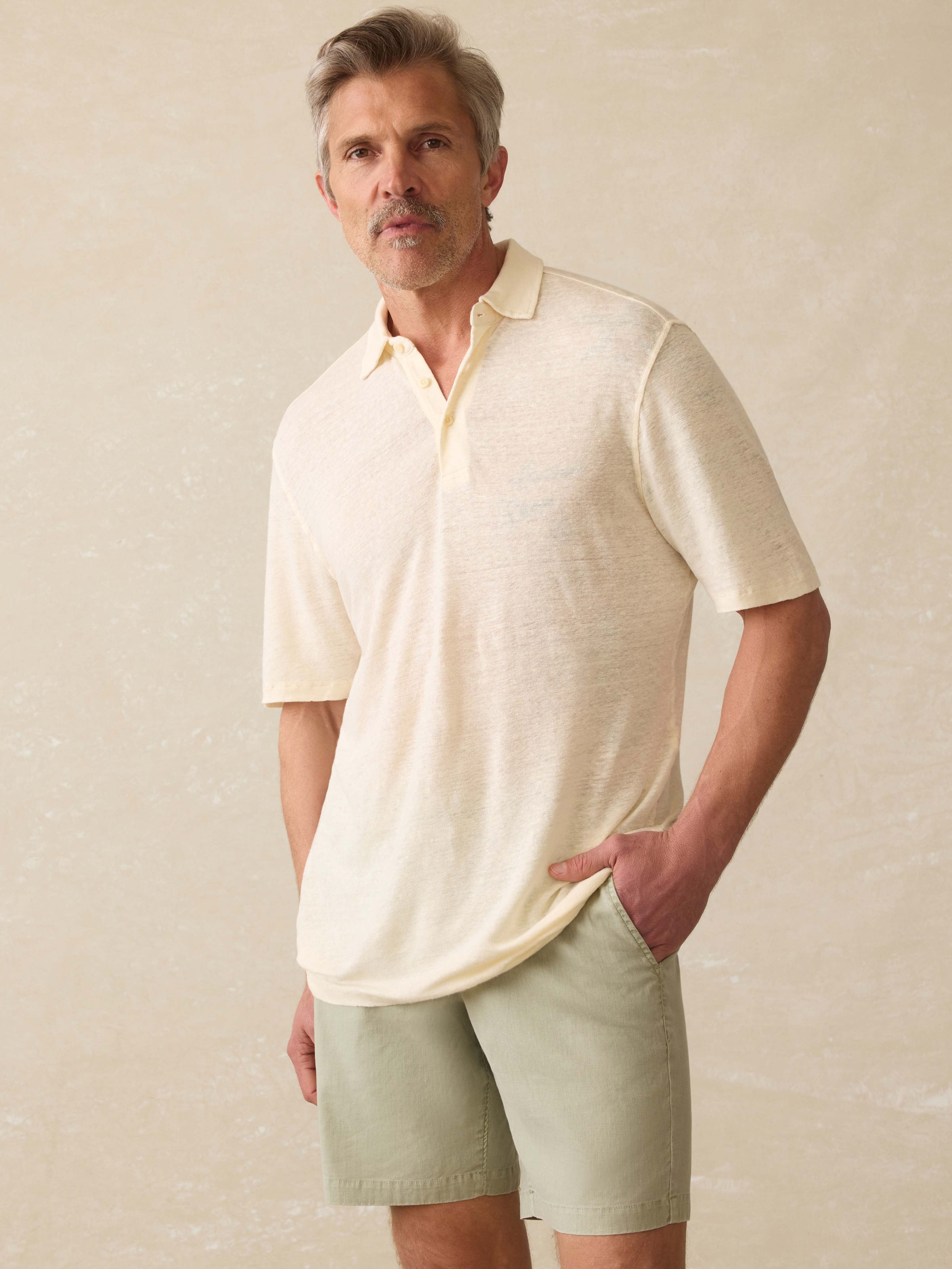 Short-Sleeve Linen Polo - Whitecap