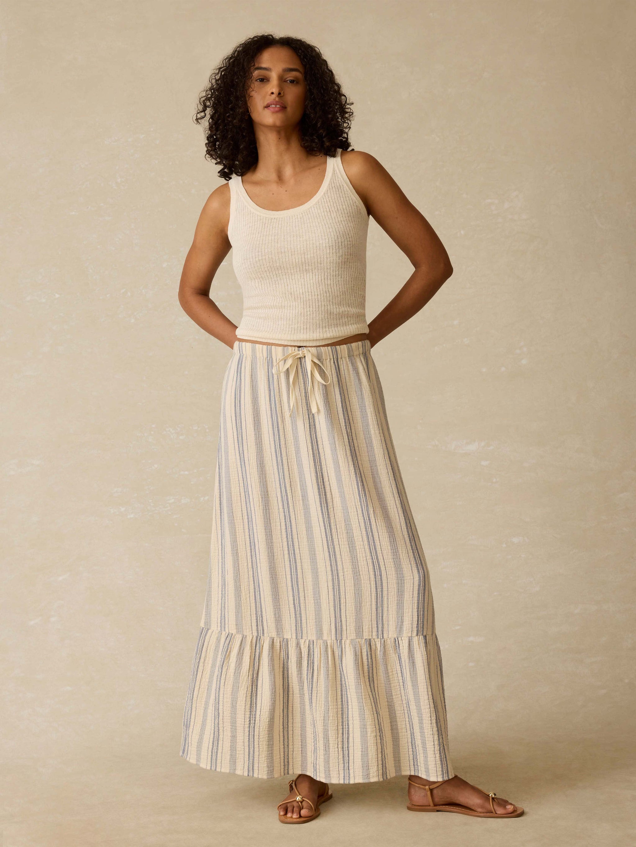 knee length dresses for ladies Dune Cotton Gauze Rees Skirt - Aqua Sea Stripe