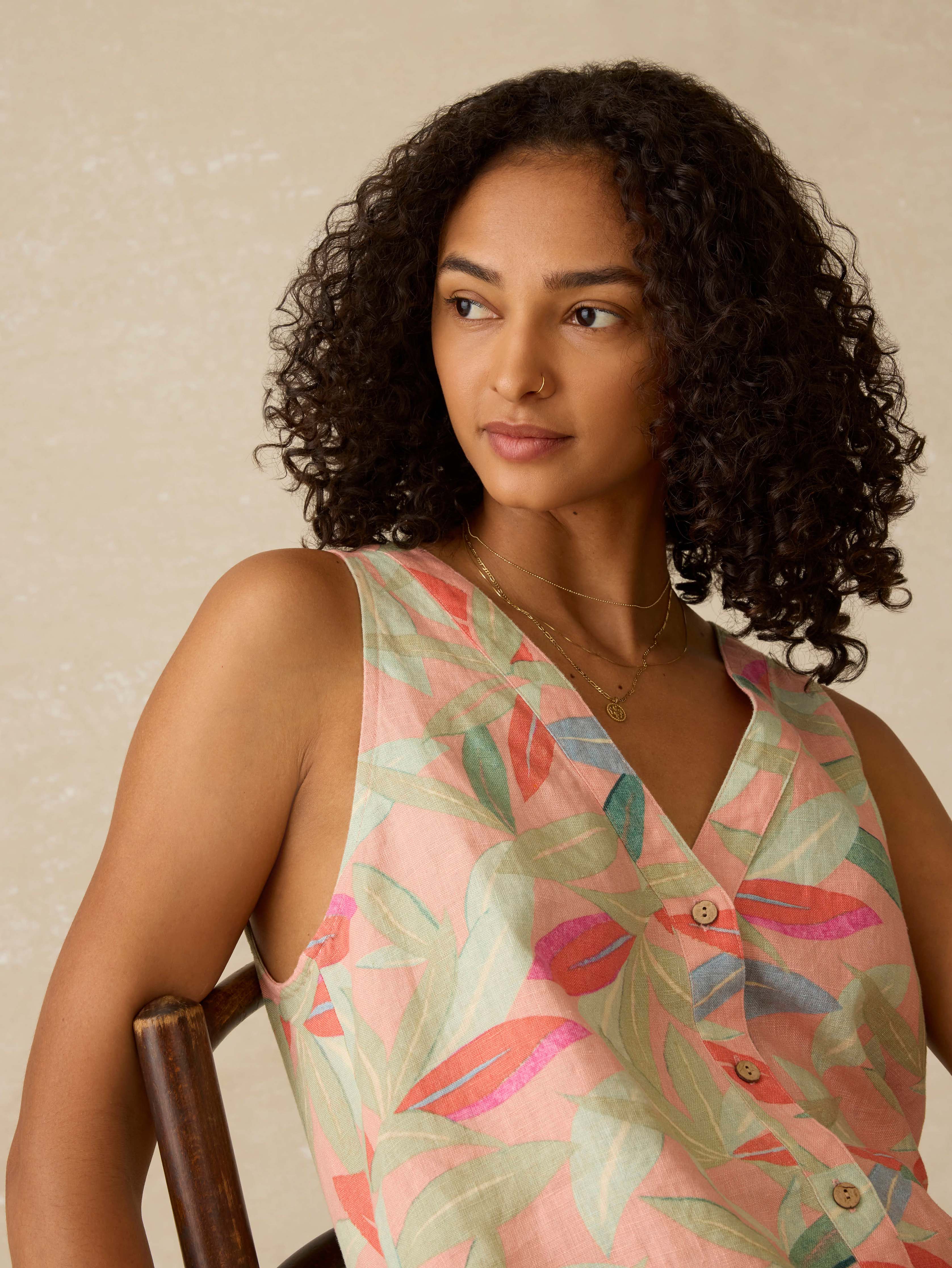 Alston Linen Dress - Watercolor Palms