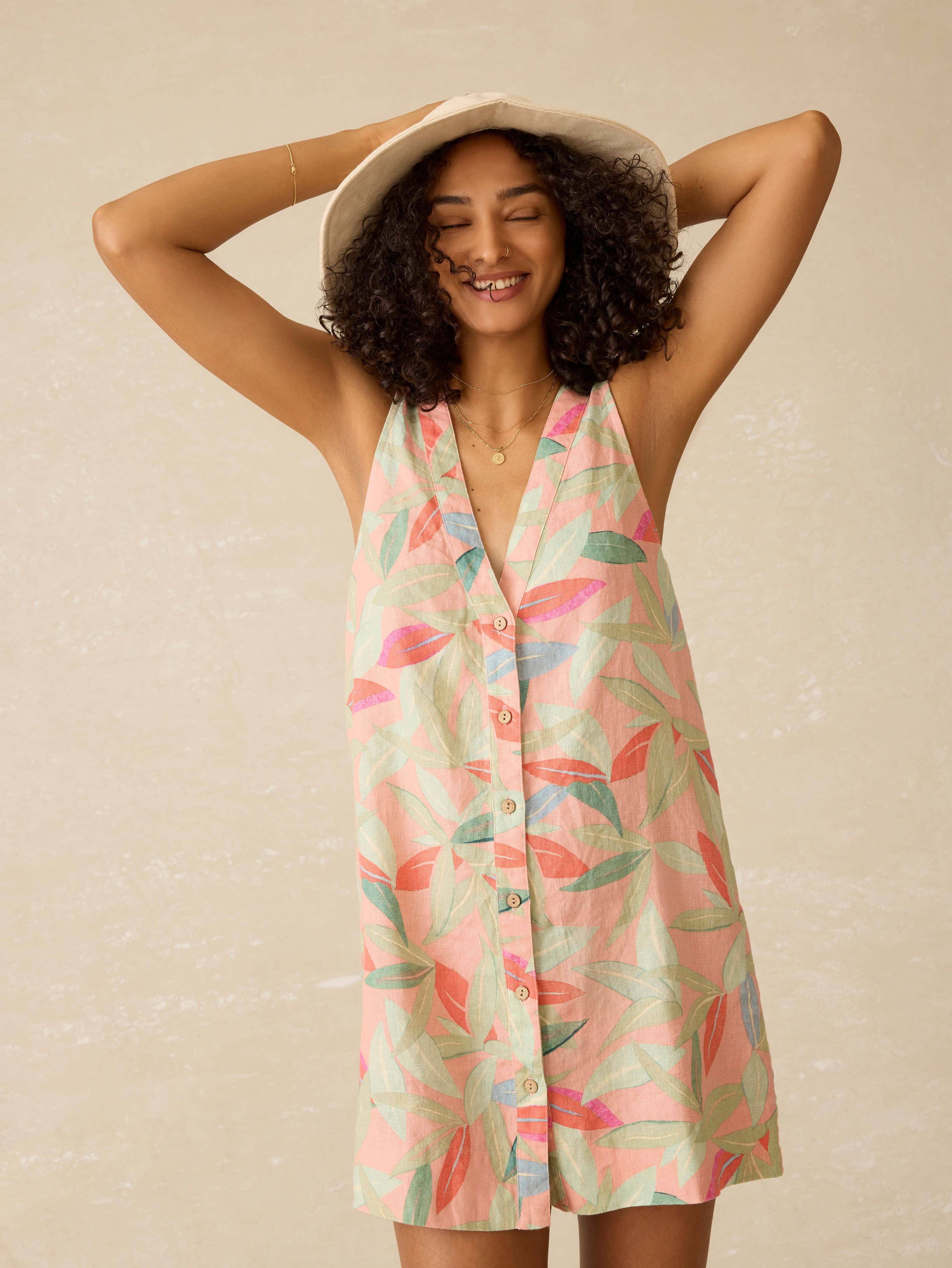 Alston Linen Dress - Watercolor Palms