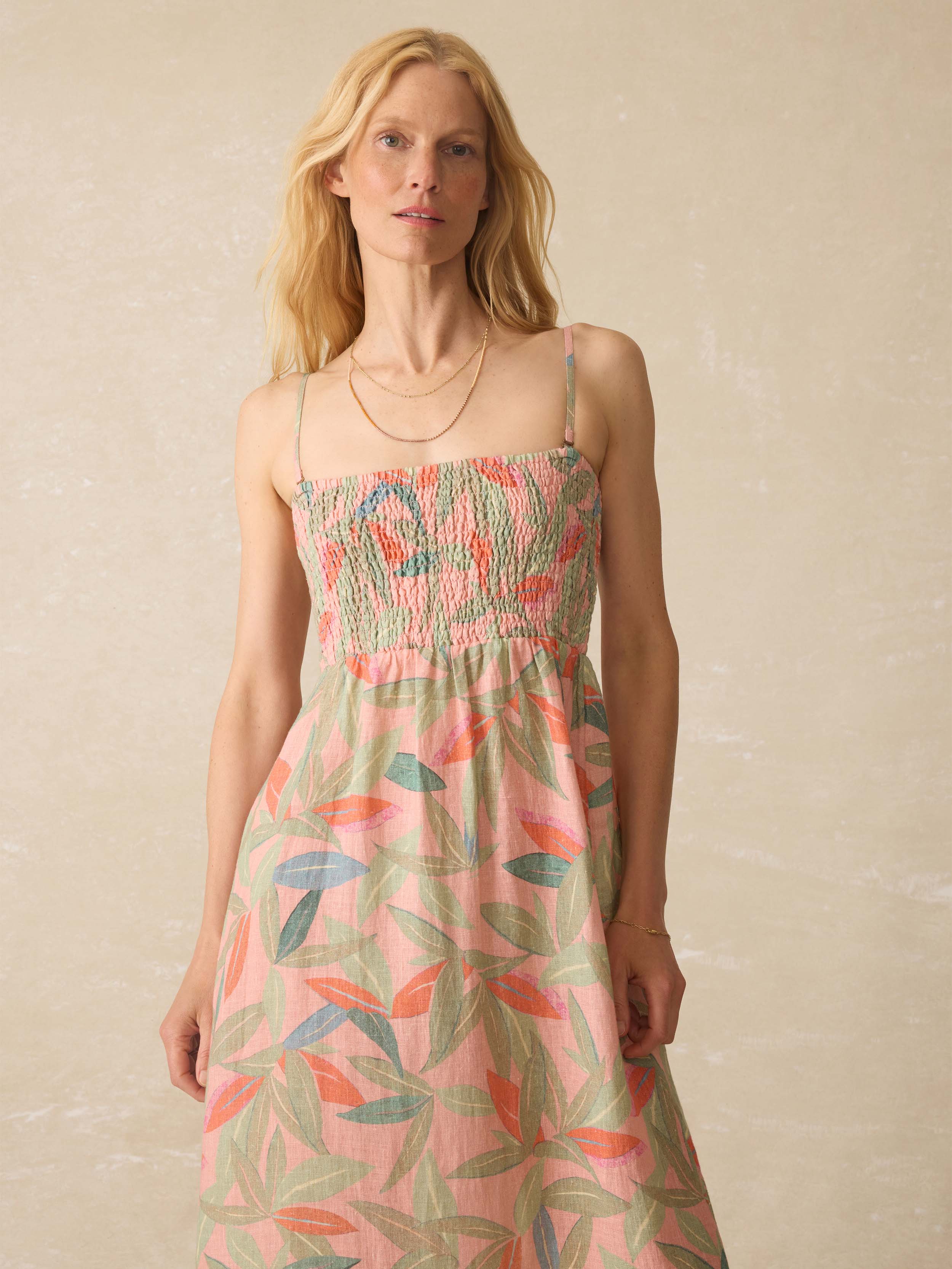 Sunrise Smocked Dress - Watercolor Palms