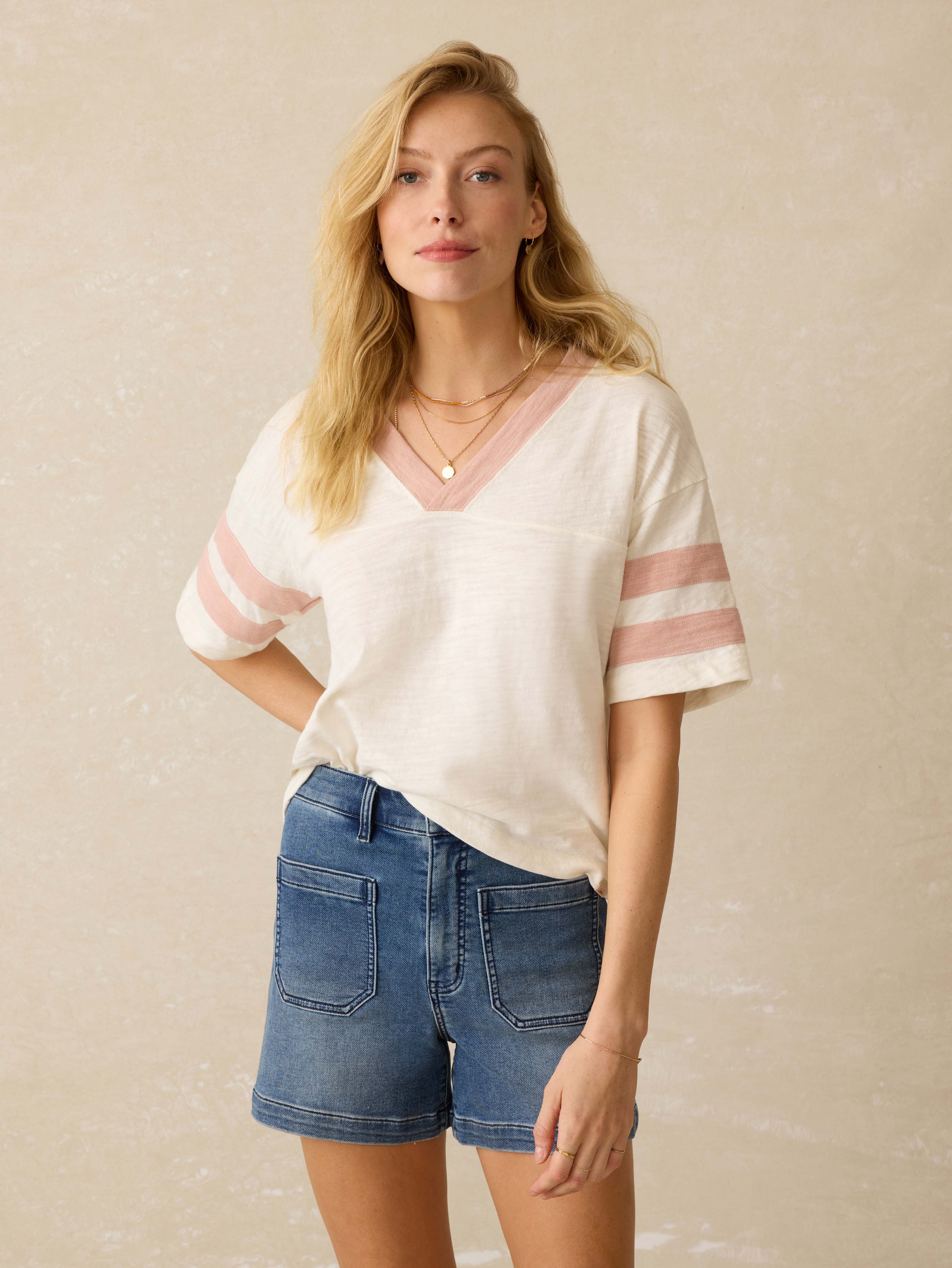 Sunwashed Slub Varsity Tee - Pink Varsity