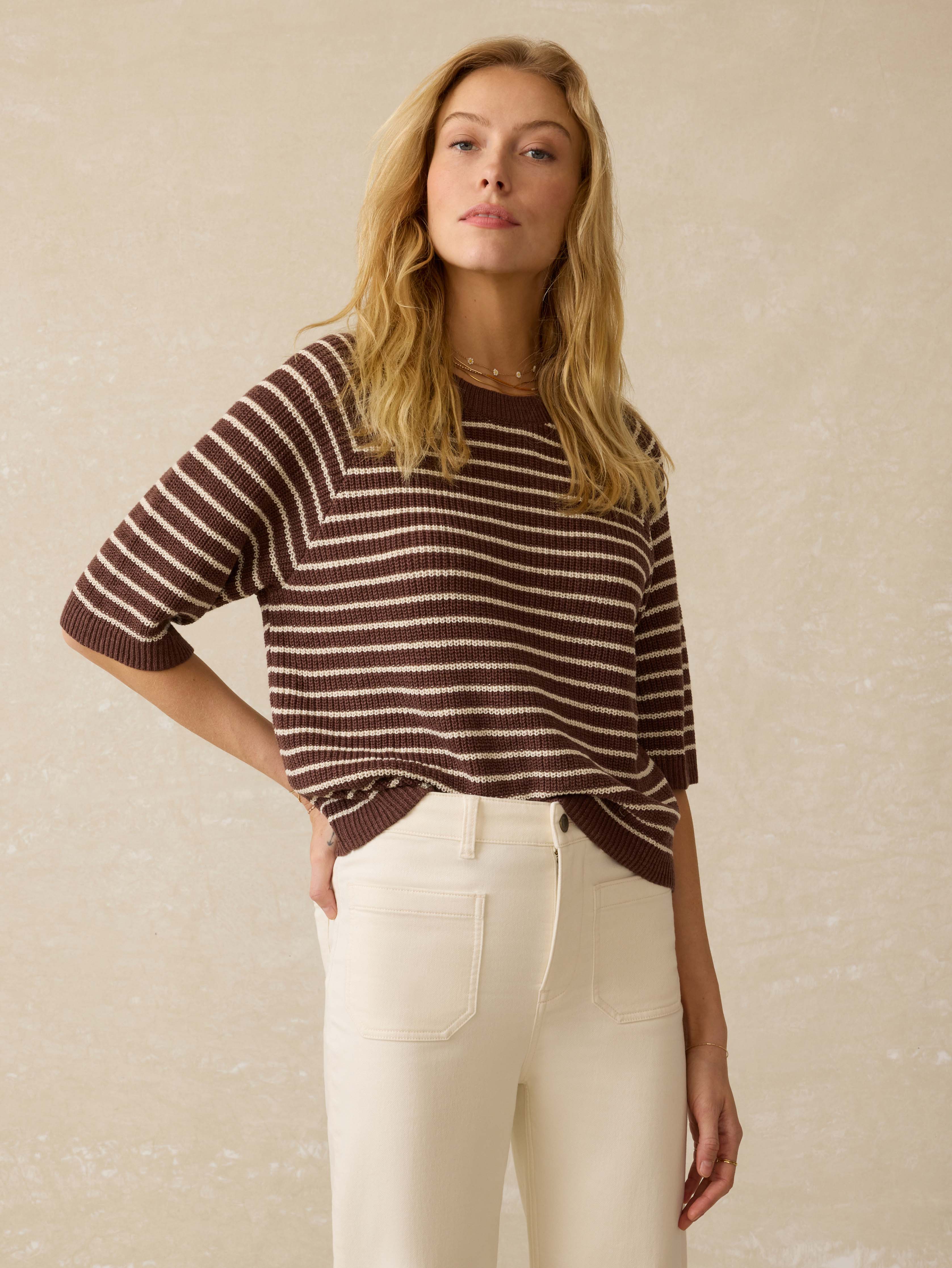 Miramar Linen Sweater Tee - Cocoa Sand Stripe