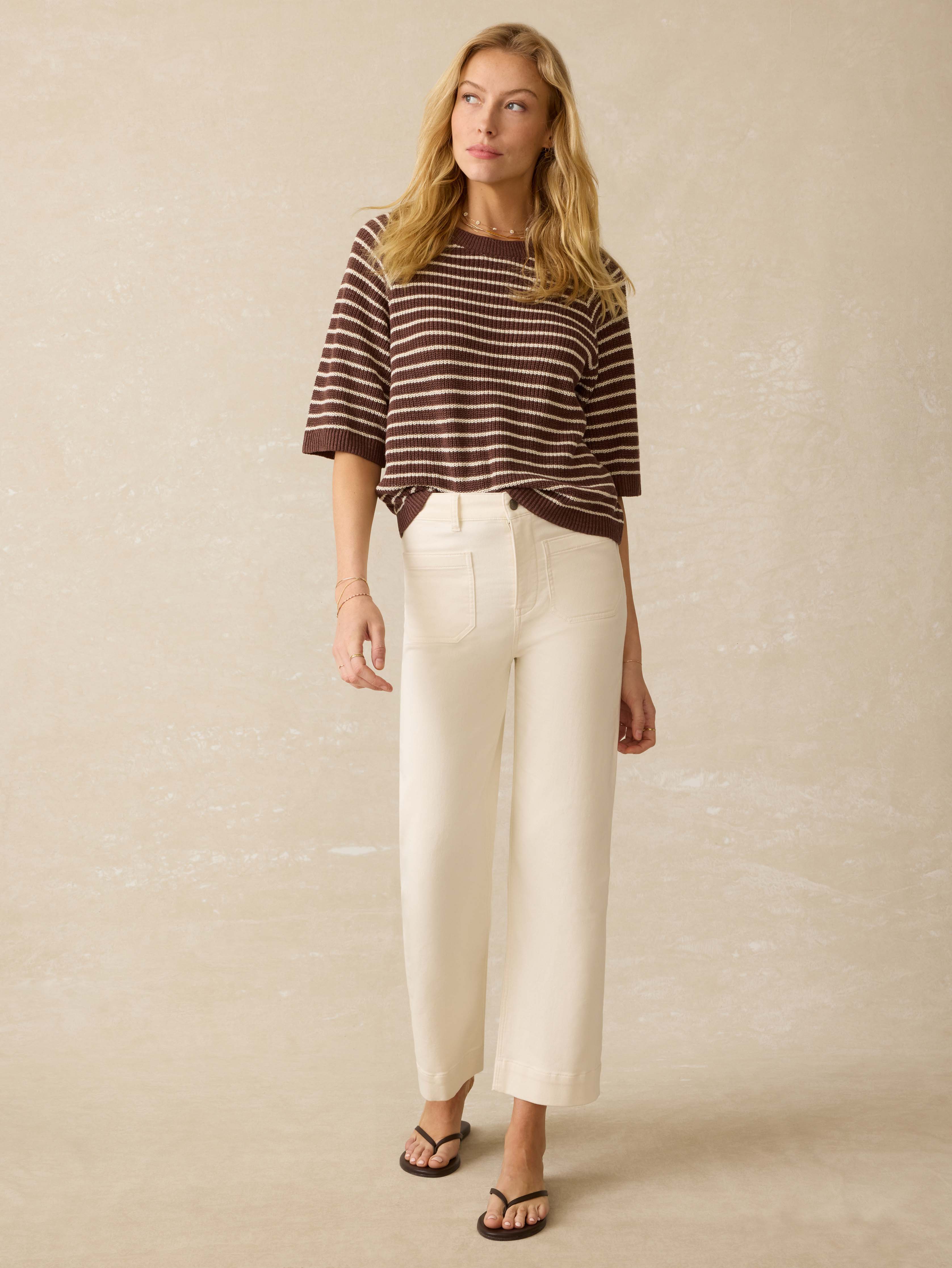 Miramar Linen Sweater Tee - Cocoa Sand Stripe