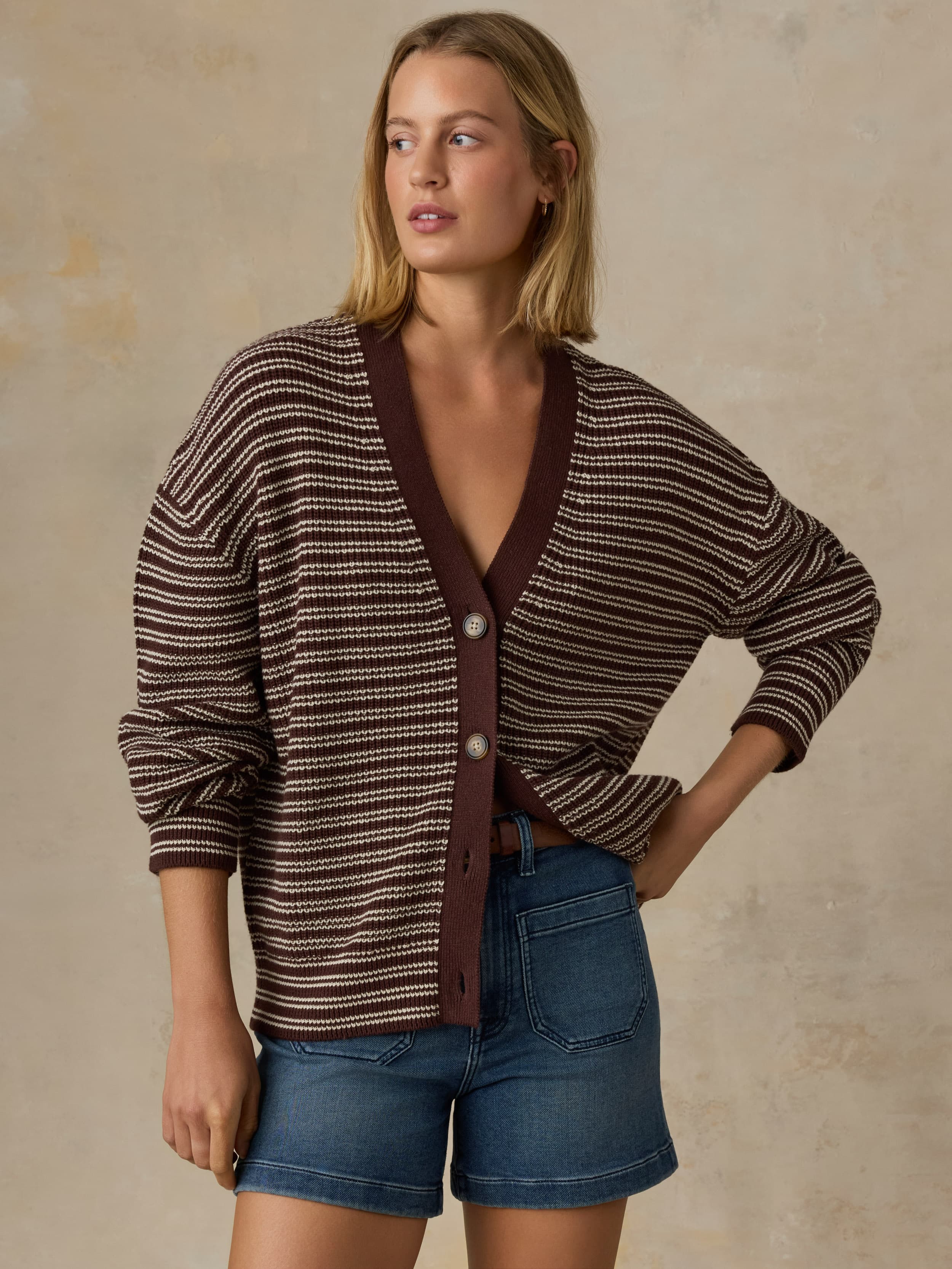 LISETTE　Les basiques　サフィア　マロン　カーディガン Miramar Linen Relaxed Cardigan - Mocha Stripe | Faherty Brand