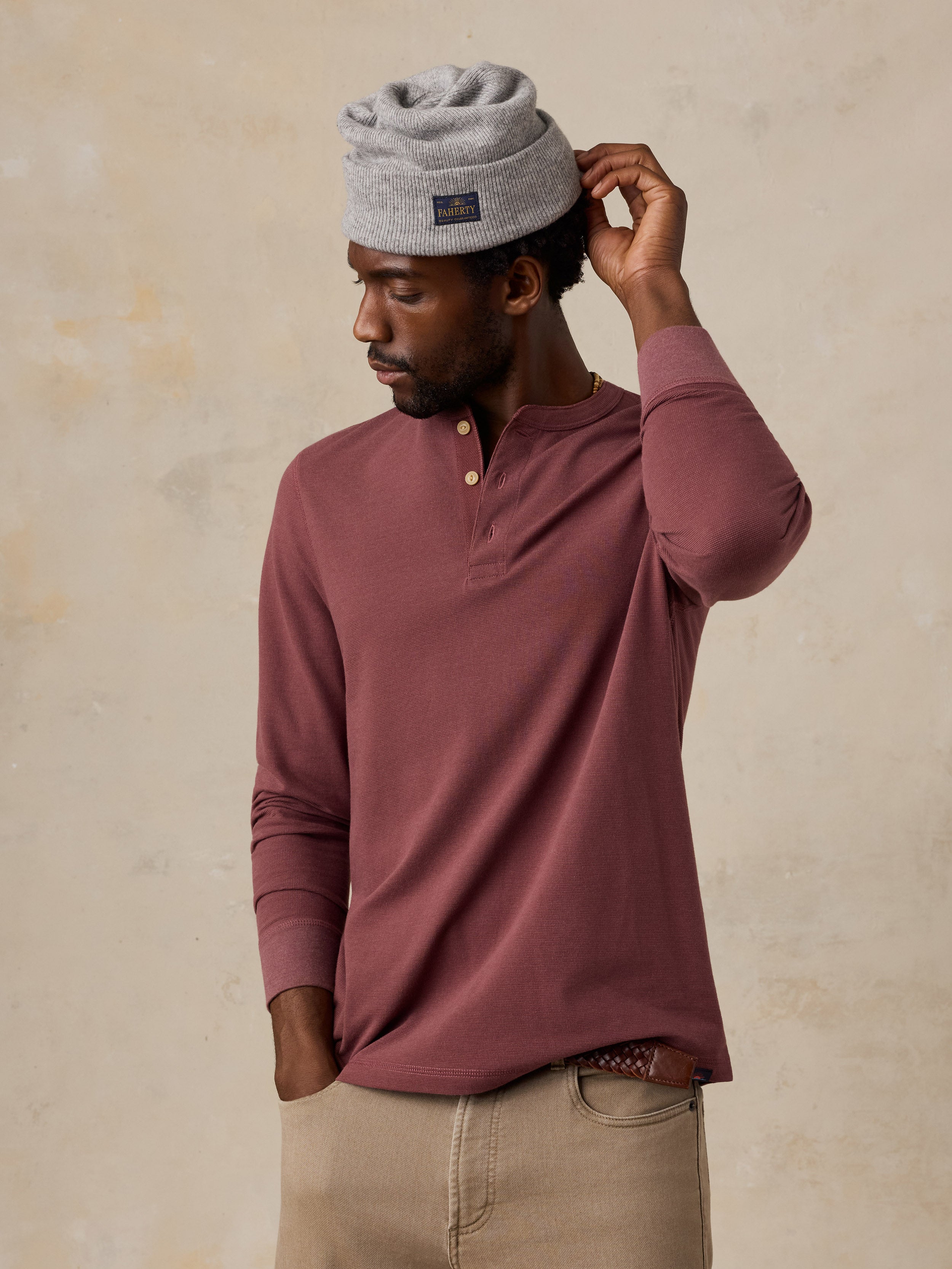 Long-Sleeve Waffle Henley - Autumn Mahogany