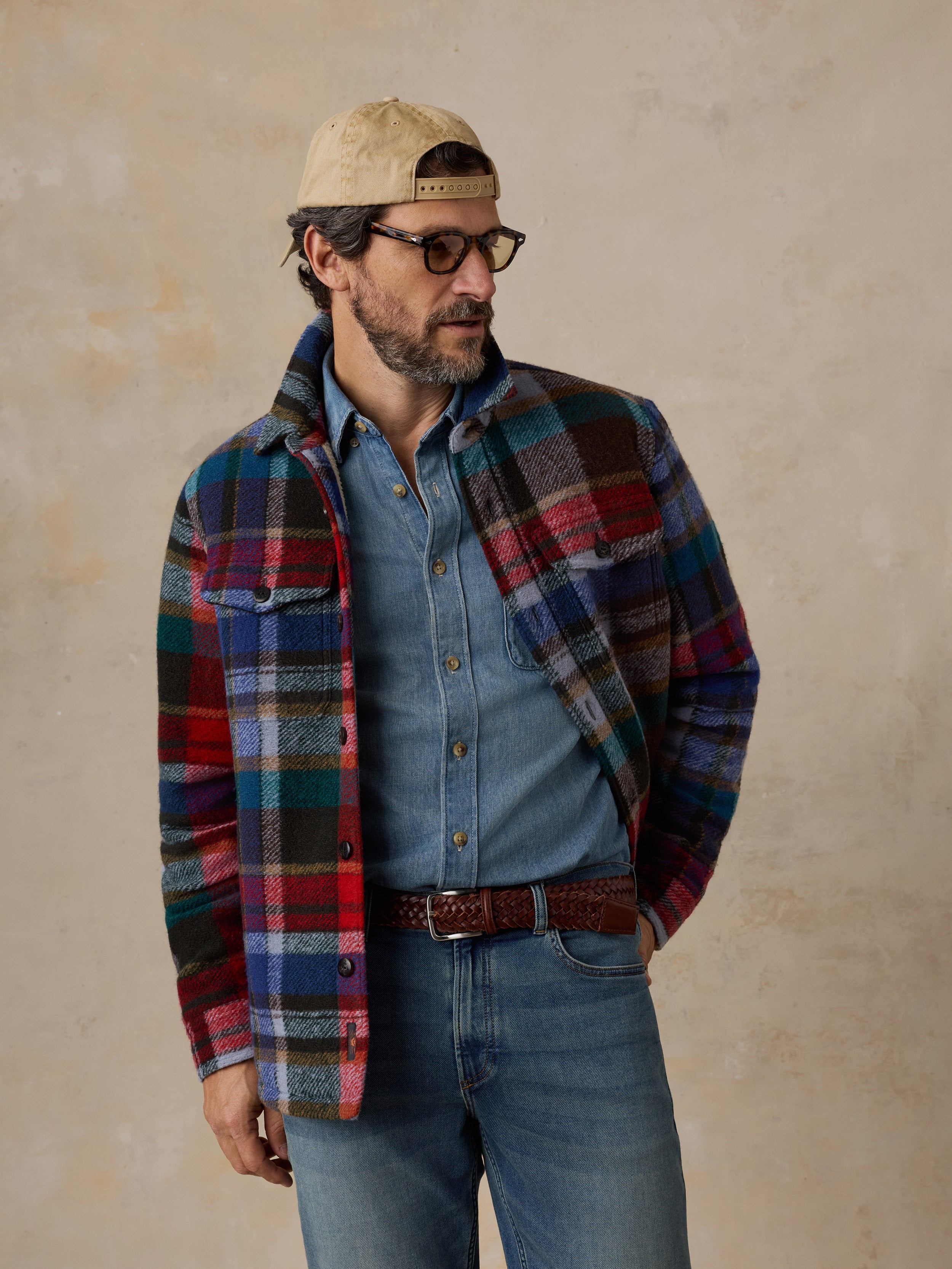 A man wearing a multicolored plaid jacket and jeans