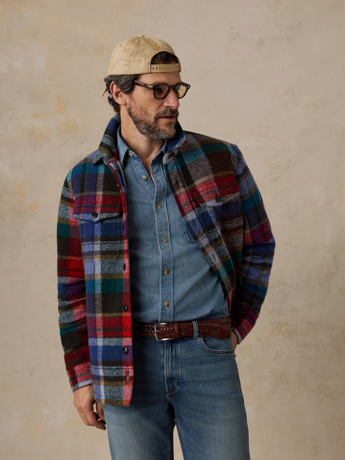 A man wearing a multicolored plaid jacket and jeans, image 1 of 6