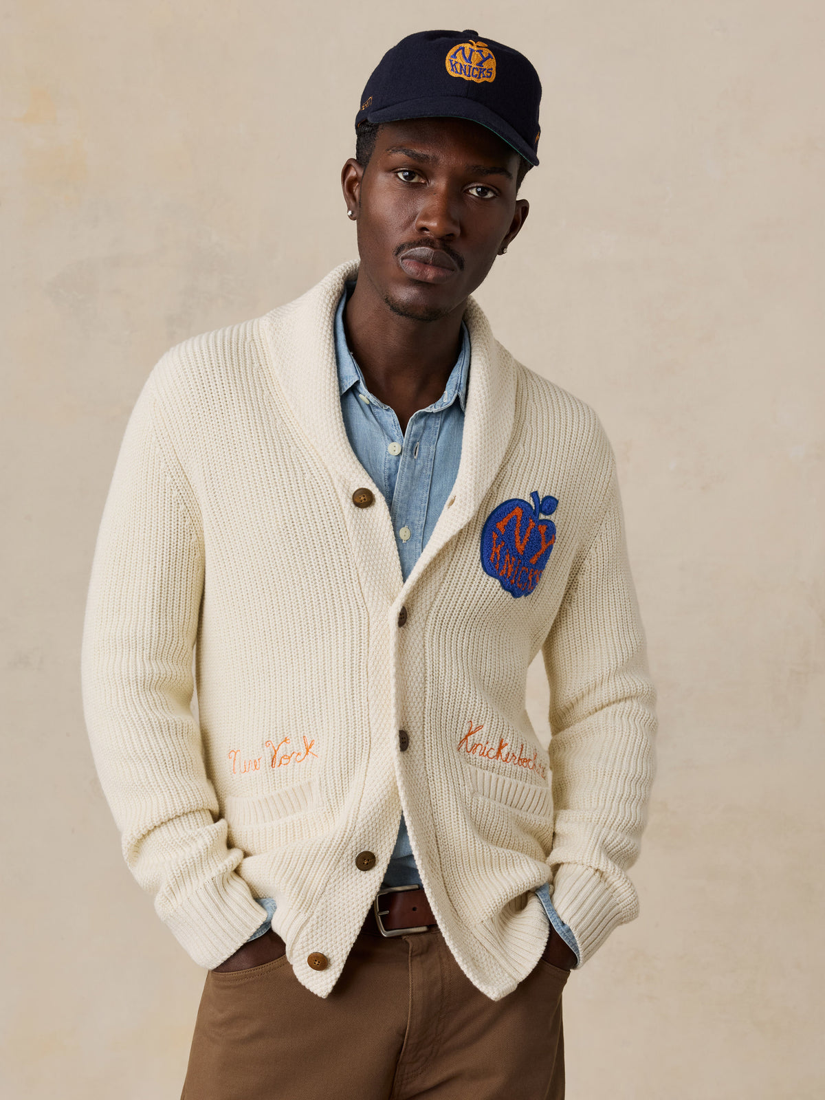 NY Knicks Marled Cotton Cardigan - Ivory, image 1 of 7
