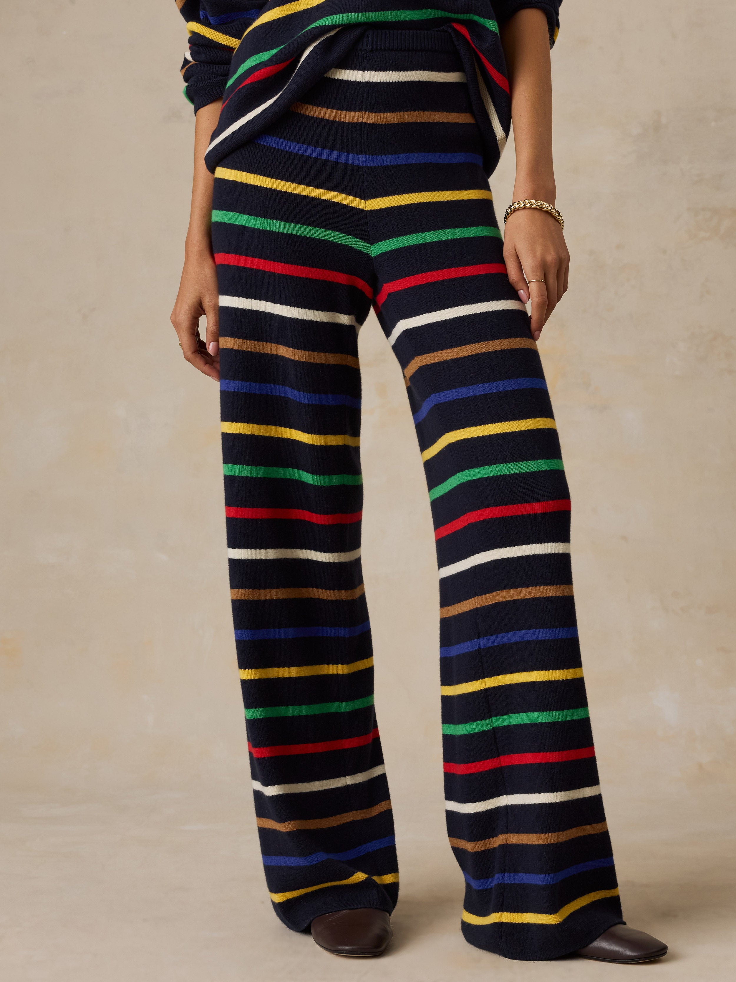 Close up of a woman wearing a striped set