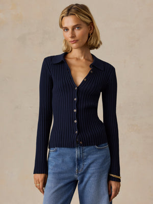 Sunwashed Cotton Ribbed Cardigan - Baritone Blue