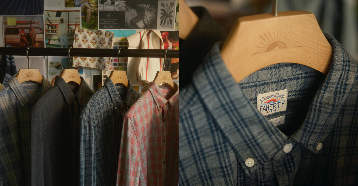 a diptych of four coastline knit shirts hanging on a garment rack and a detail of a Coastline Knit Shirt on a Faherty hanger